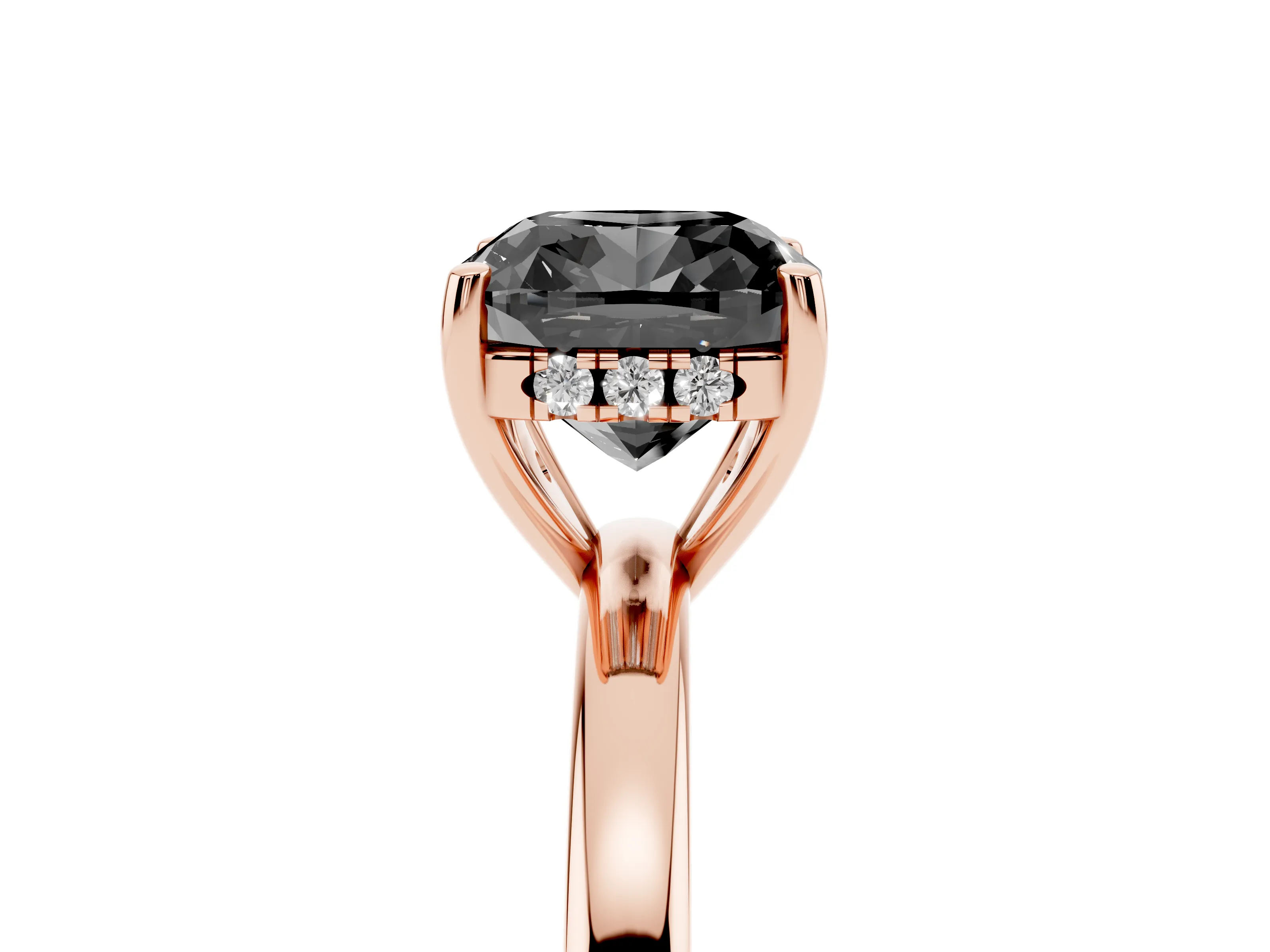 Fancy Black Cushion Cut Diamond Solitaire Ring Set in Rose gold with Plain Band and Prong Setting