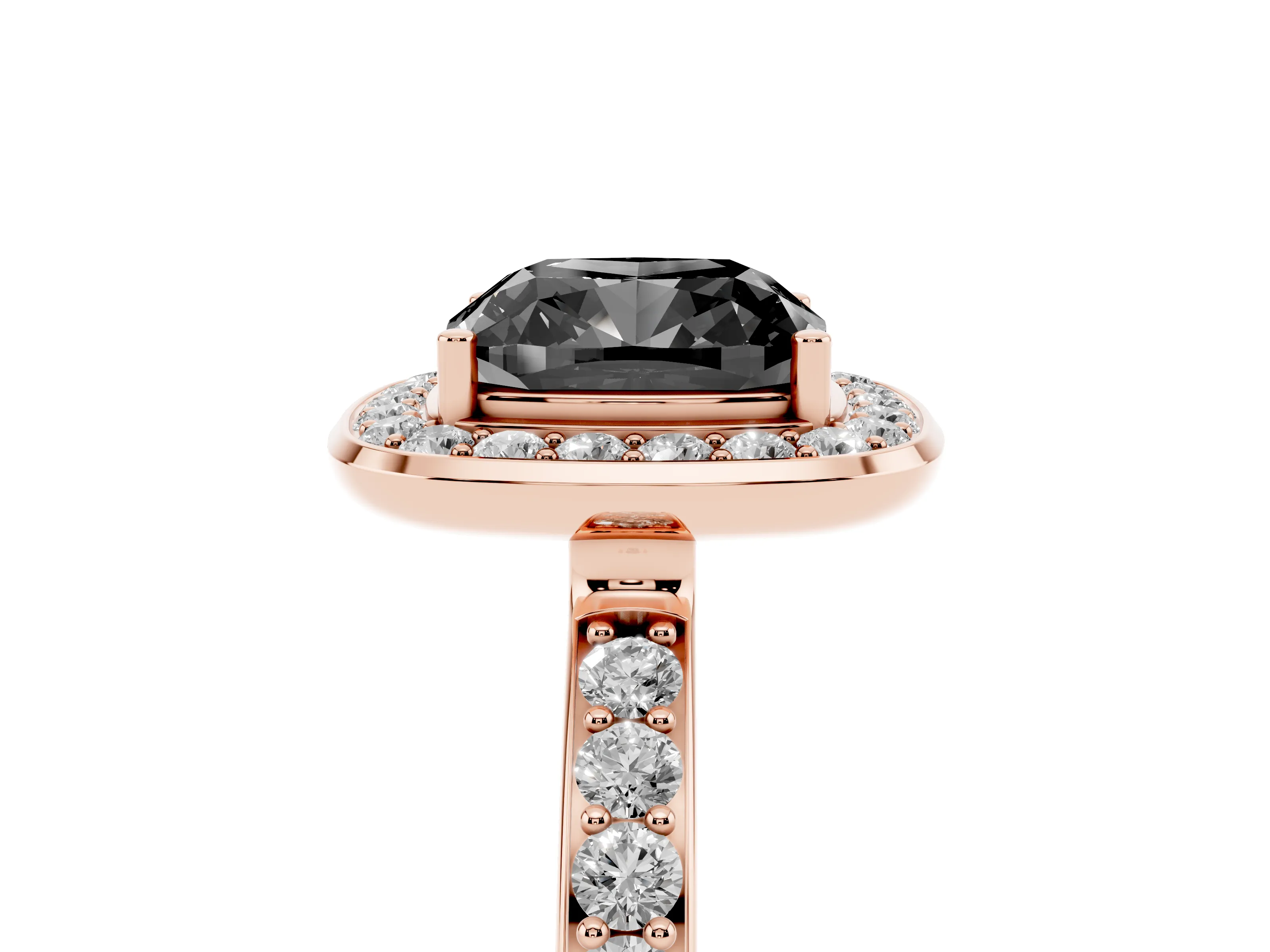 Fancy Black Cushion Cut Diamond Halo Ring Set in Rose gold with Bezel Frame and Pavé Band