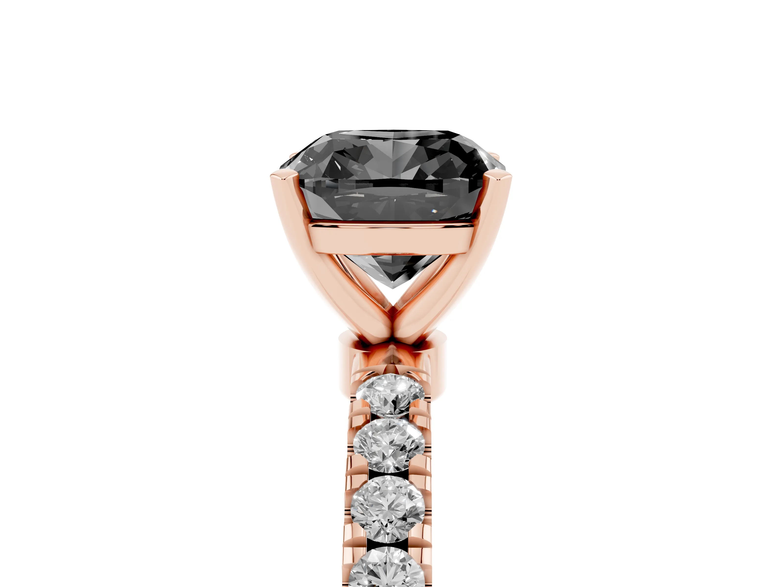 Fancy Black Cushion Cut Diamond Solitaire Ring Set in Rose gold with Pavé Accents and Prong Setting