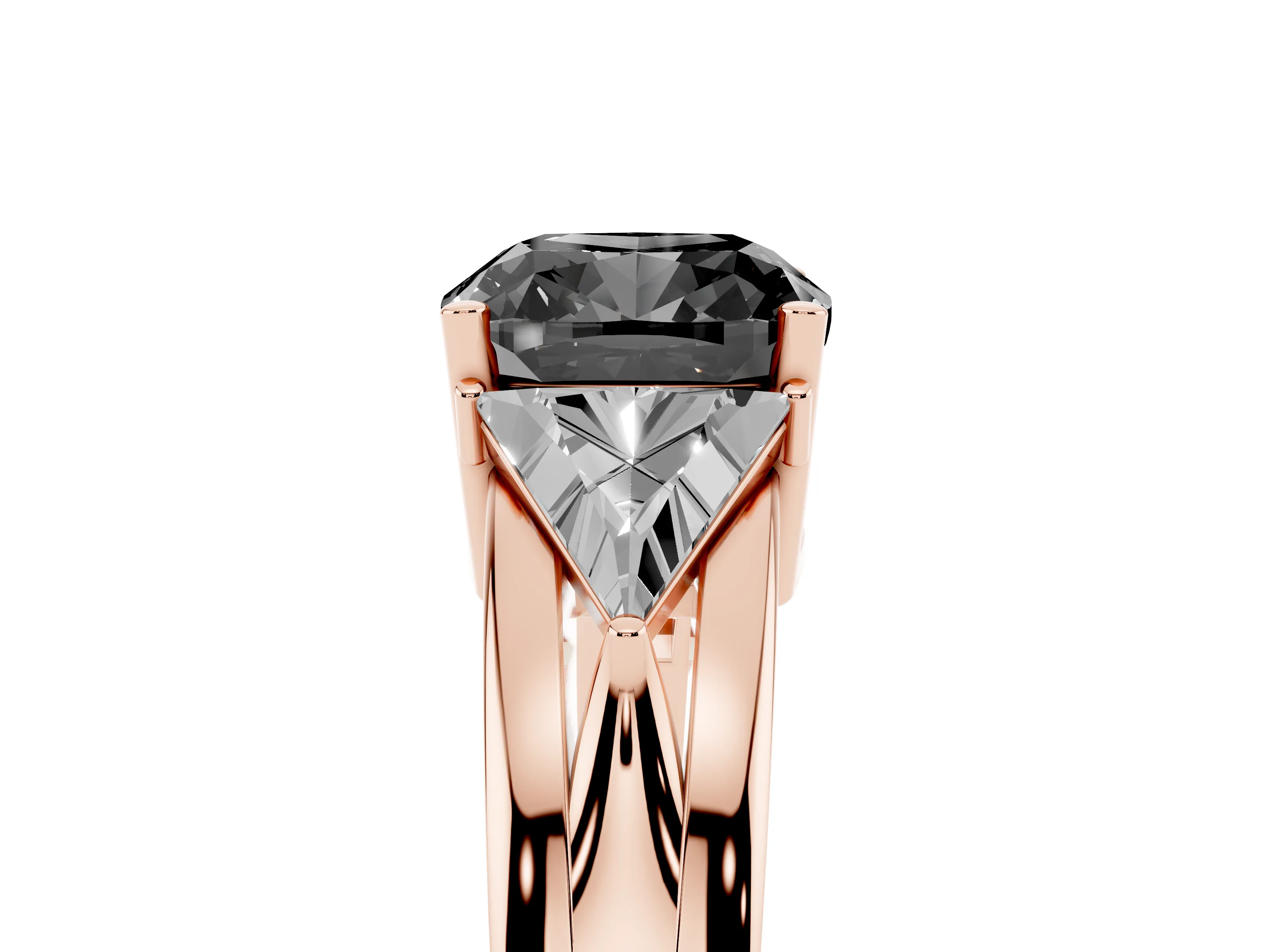 Fancy Black Cushion Cut Diamond Three-Stone Ring Set in Rose gold with Trillion Side Stones and Split Shank