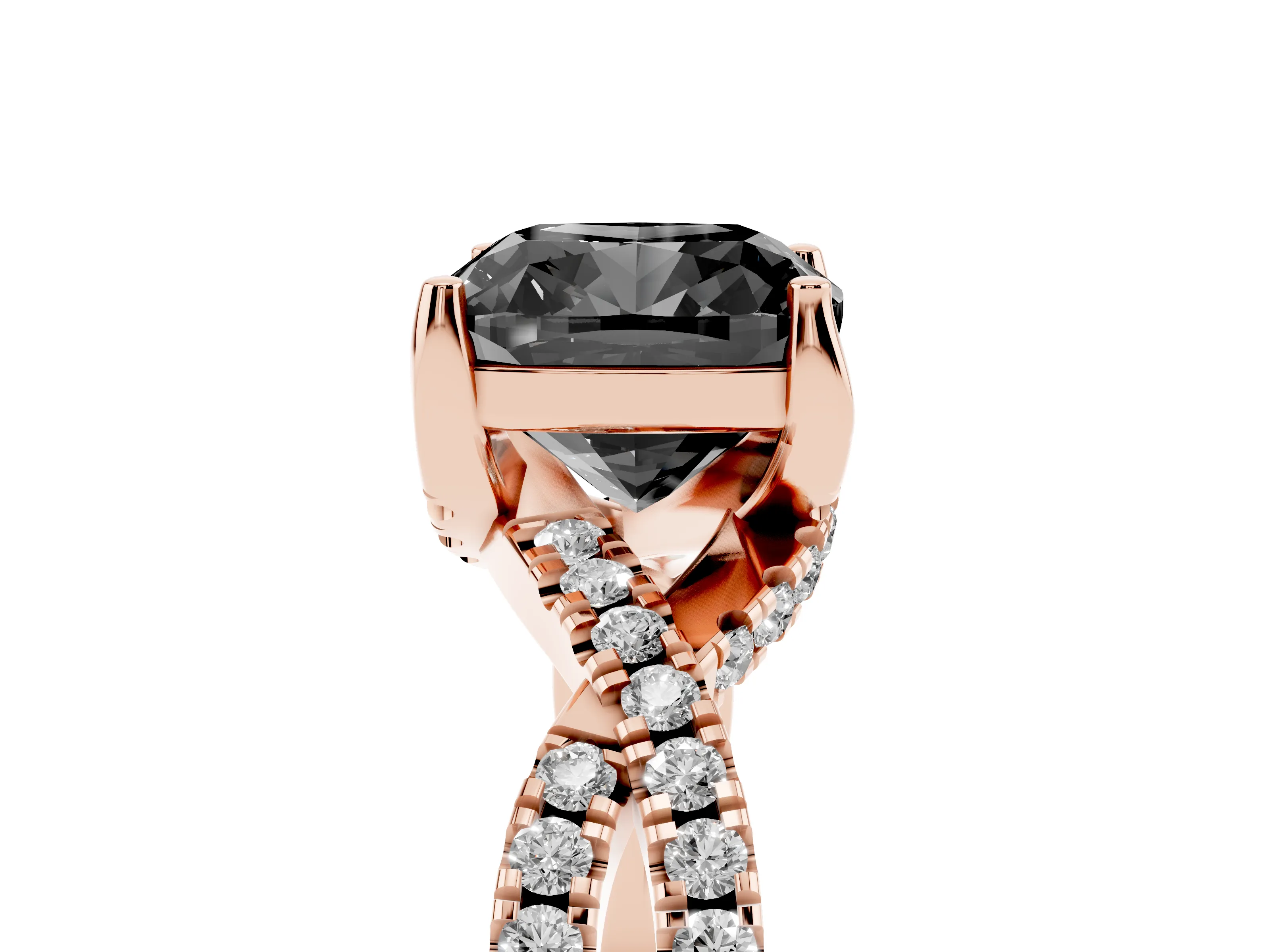 Fancy Black Cushion Cut Diamond Twist Pavé Solitaire Engagement Ring Set in Rose gold with Prong Setting
