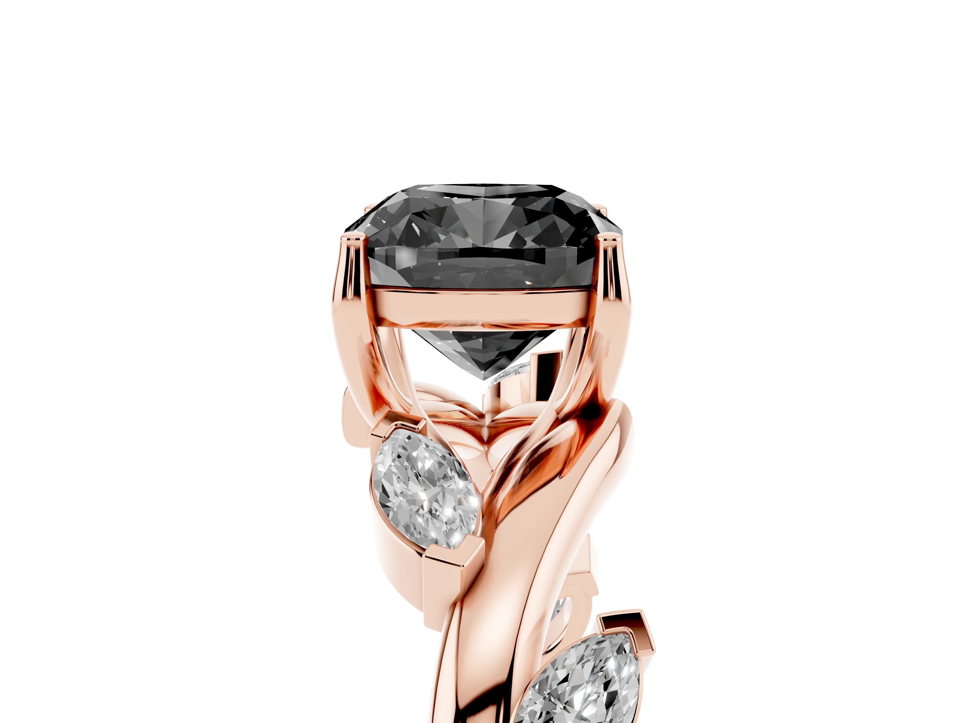 Fancy Black Cushion Cut Diamond Solitaire Ring Set in Rose gold with Twisted Marquise Accent Band