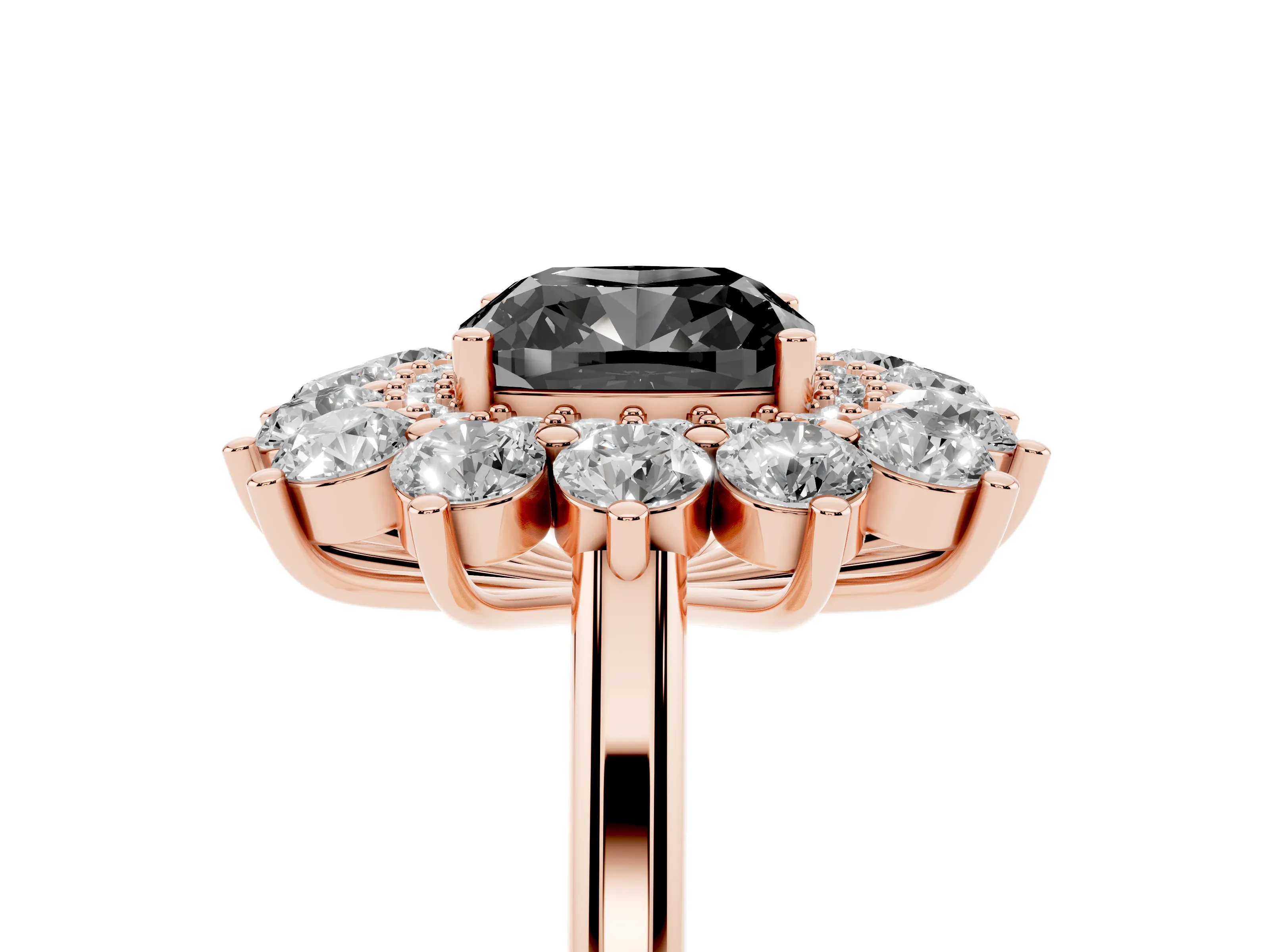 Fancy Black Cushion Cut Diamond Floral Double Halo Ring Set in Rose gold with Round Petals