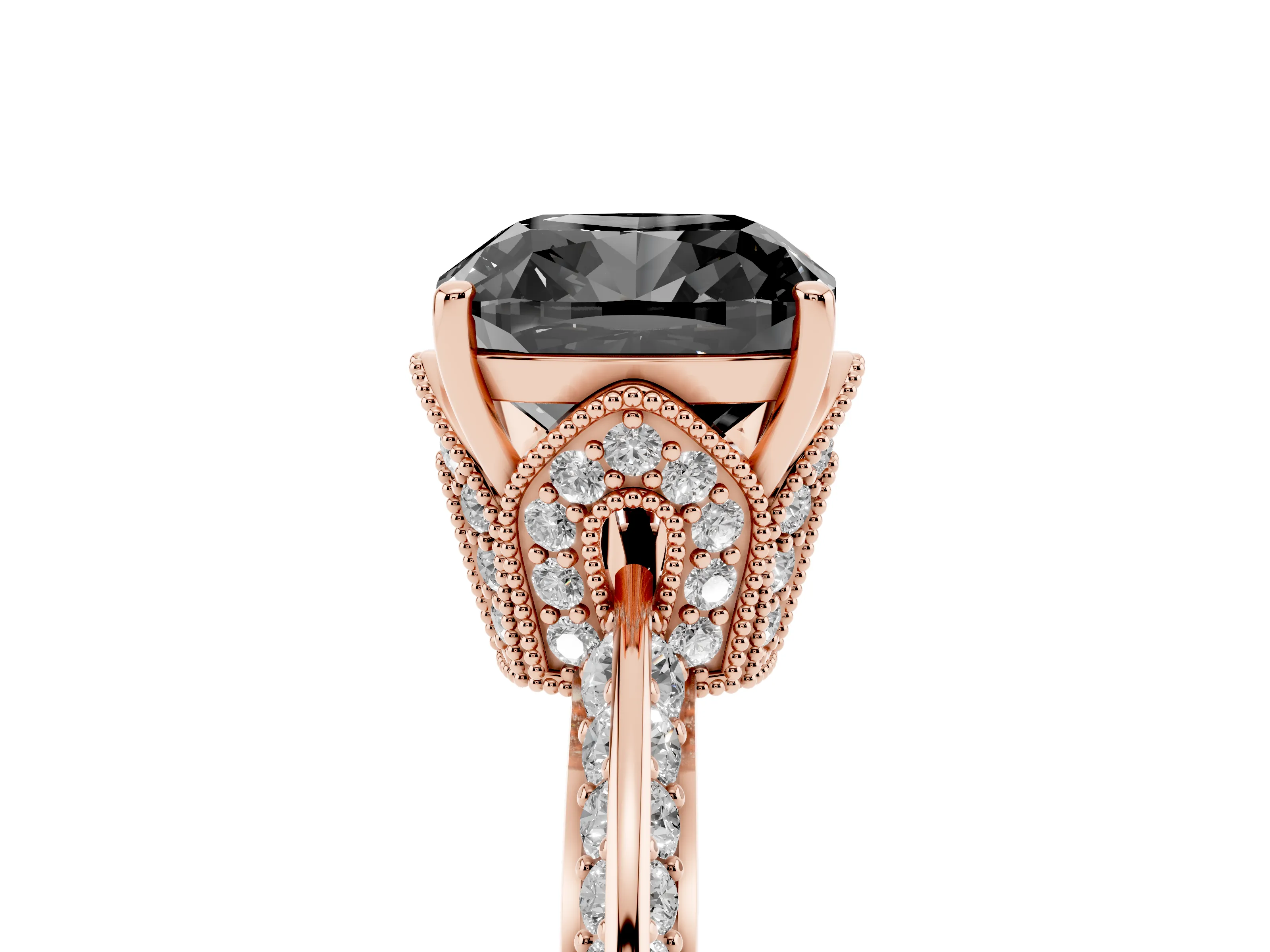 Fancy Black Cushion Cut Diamond Solitaire Engagement Ring Set in Rose gold with Pavé Split Shank and Prong Setting