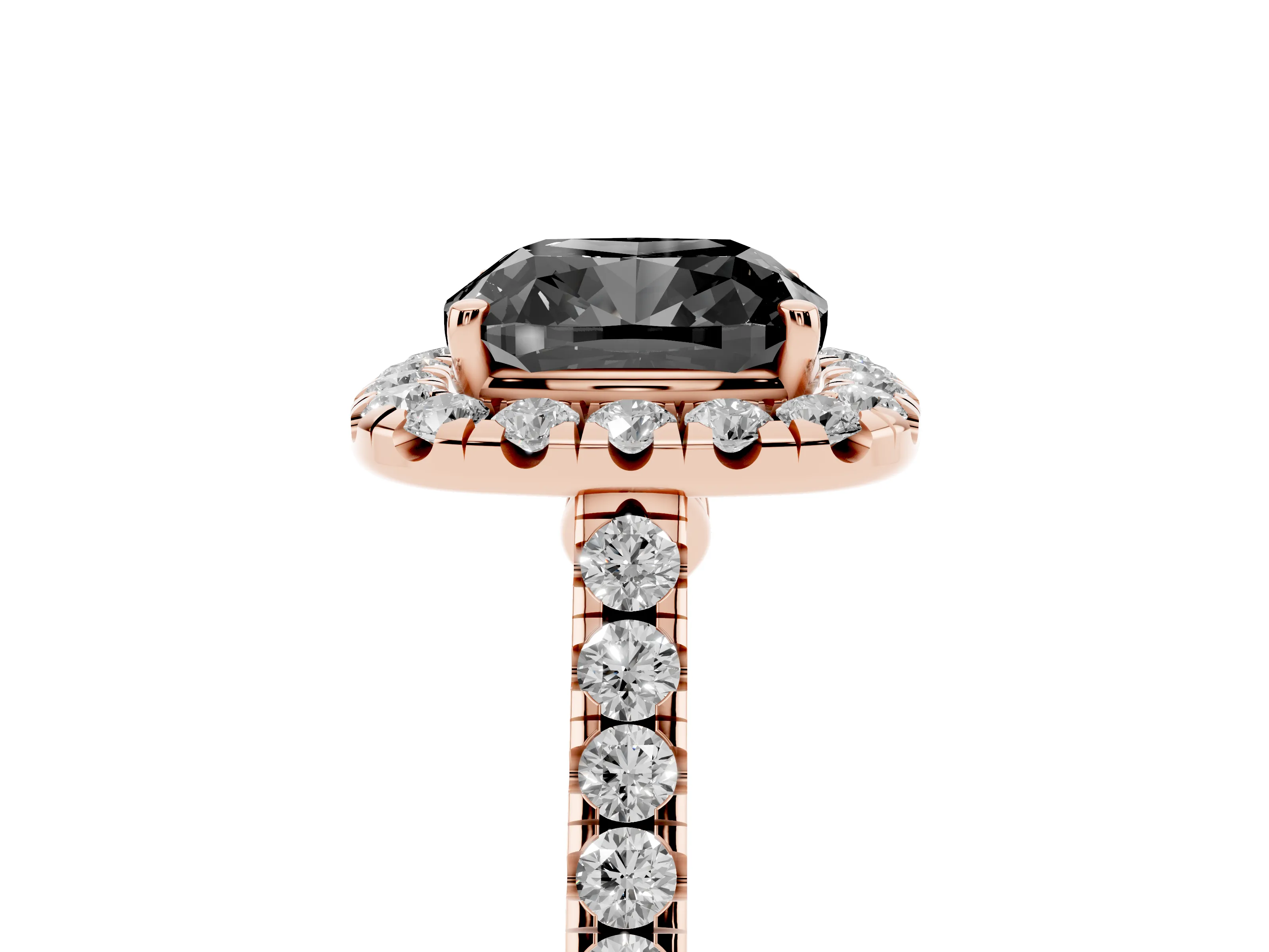 Fancy Black Cushion Cut Diamond Halo Pavé Engagement Ring Set in Rose gold with Prong Setting