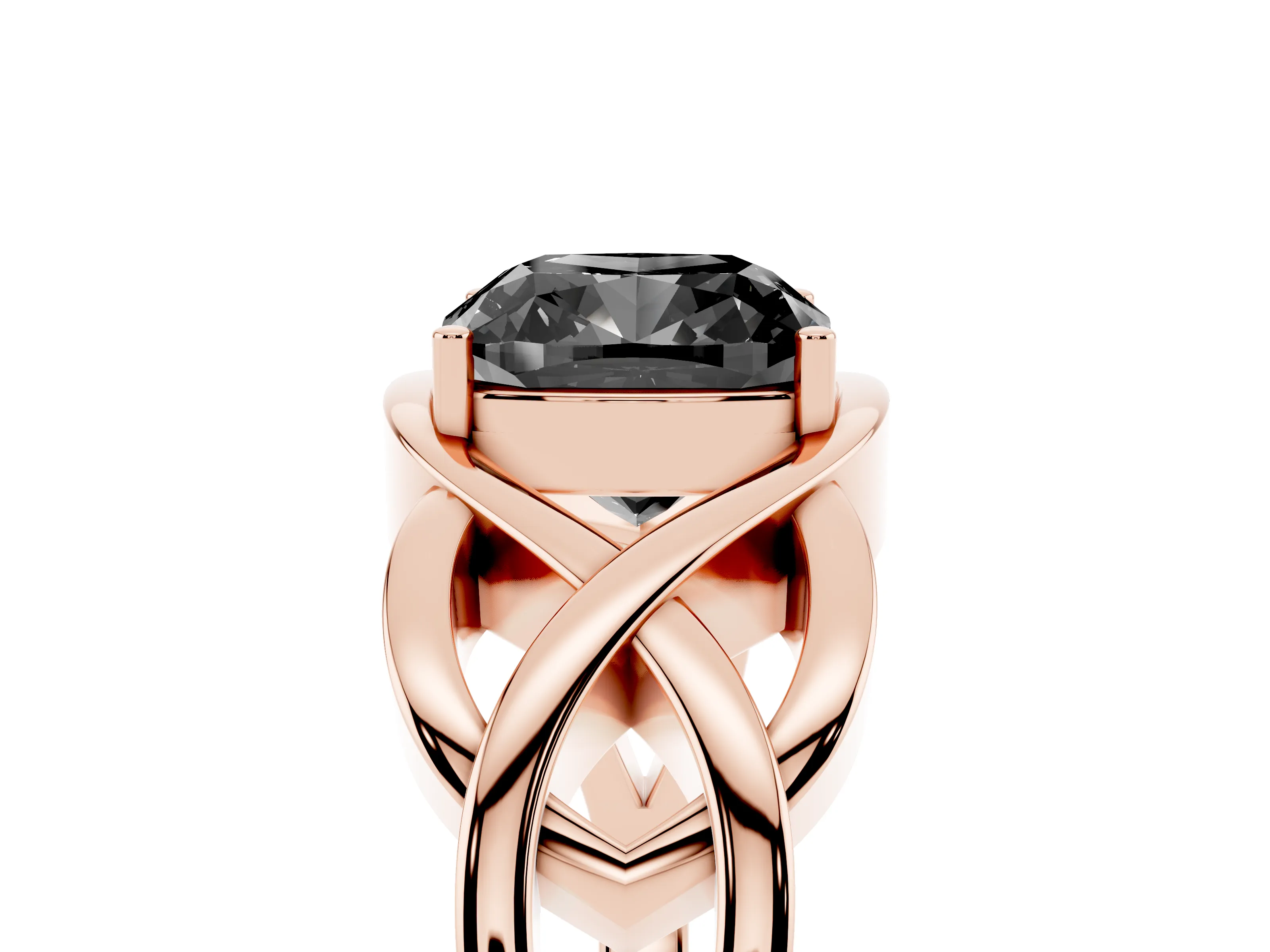 Fancy Black Cushion Cut Diamond Solitaire Ring Set in Rose gold with Intertwined Band