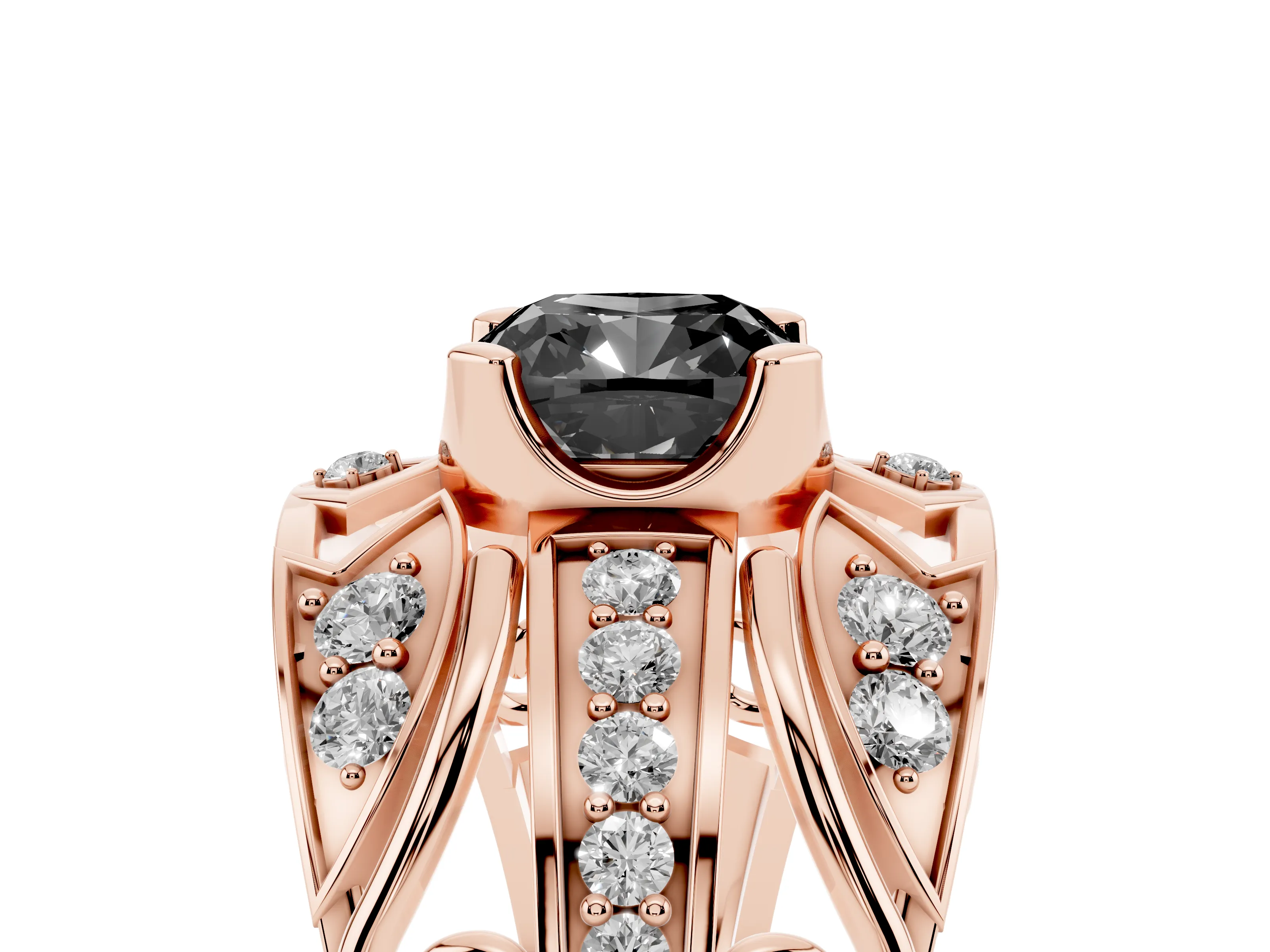 Fancy Black Cushion Cut Diamond Art Deco Ring Set in Rose gold with Pavé Split Shank