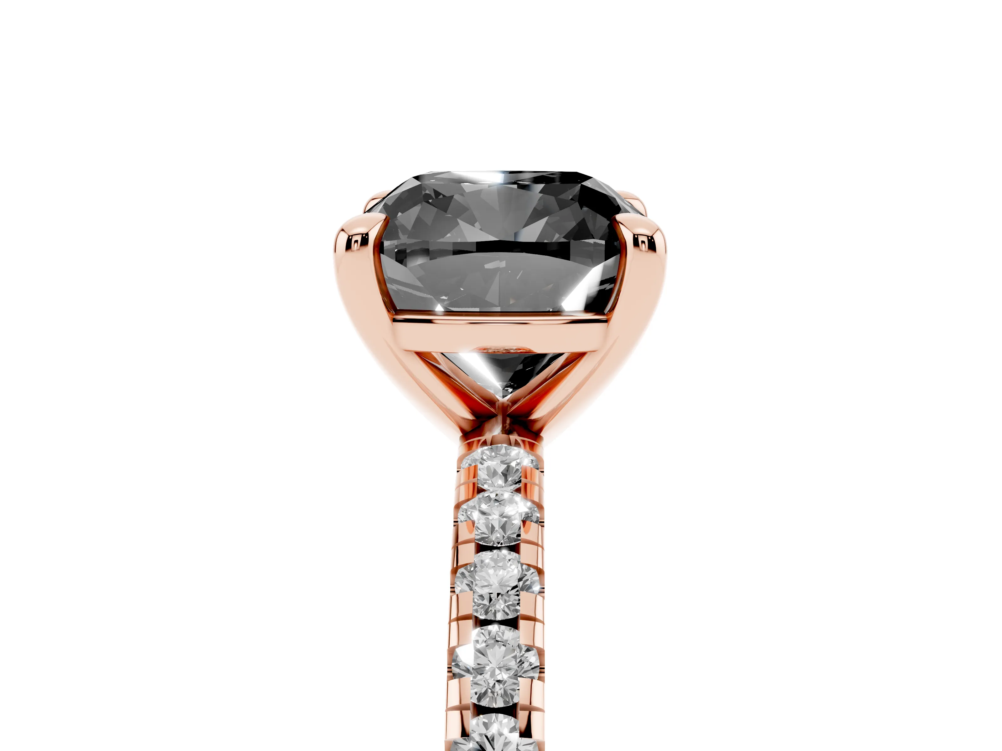 Fancy Black Cushion Cut Diamond Brilliant Solitaire Ring Set in Rose gold with Pavé Band and Prong Setting