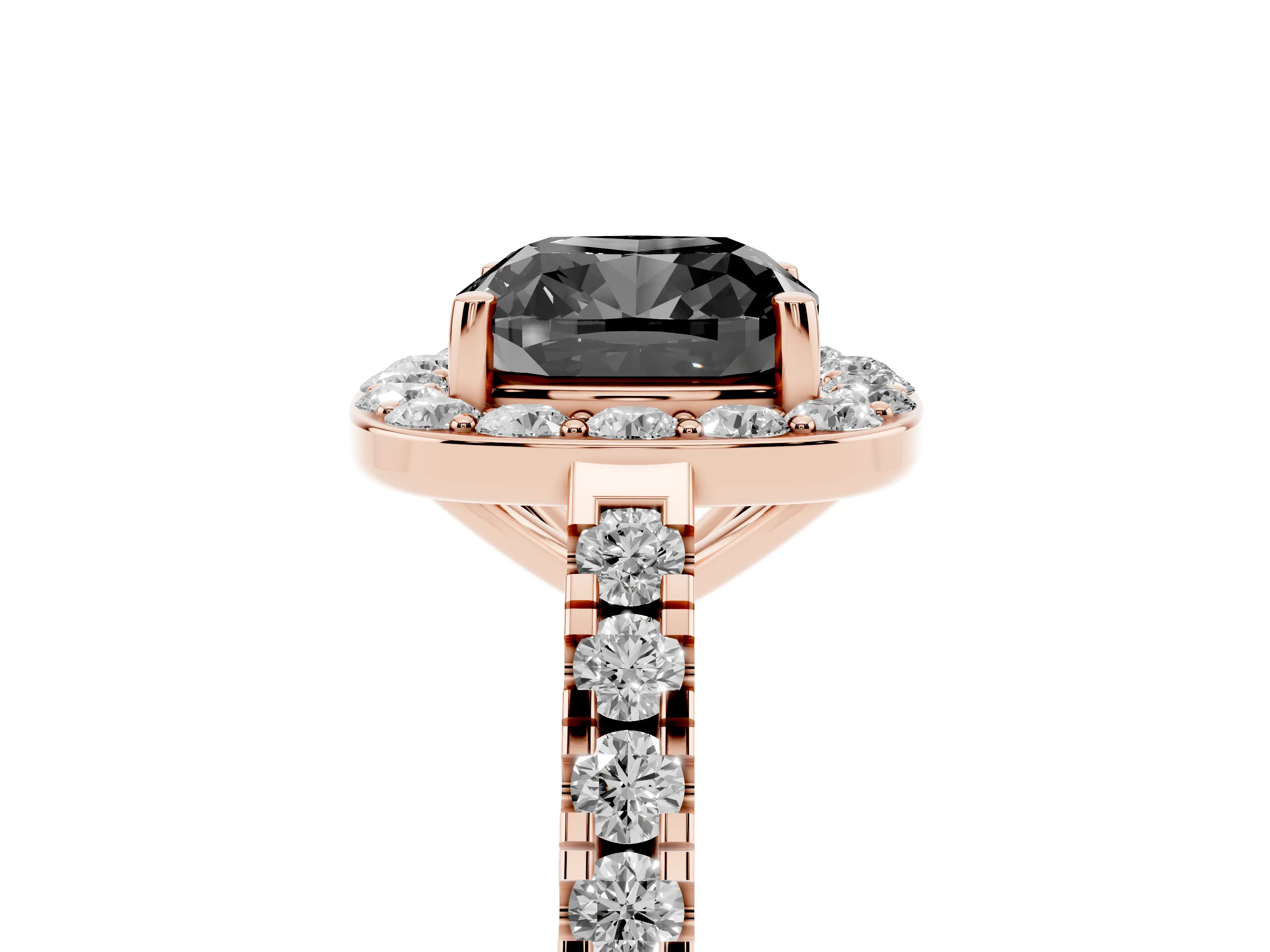 Fancy Black Cushion Cut Diamond Halo Ring Set in Rose gold with Round Pavé Split Shank and Prong Setting