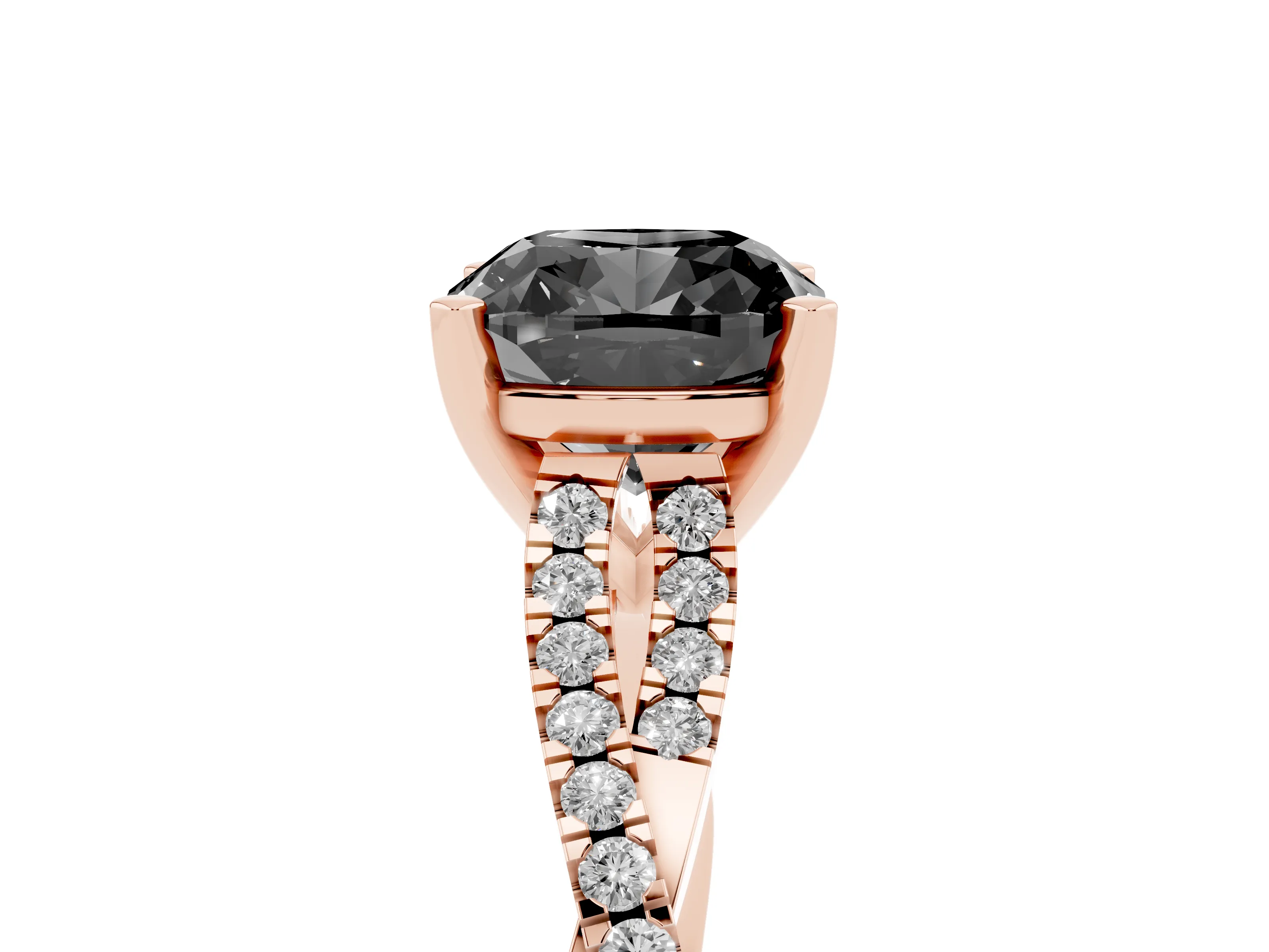 Fancy Black Cushion Cut Diamond Solitaire Engagement Ring Set in Rose gold with Twisted Pavé Band and Prong Setting