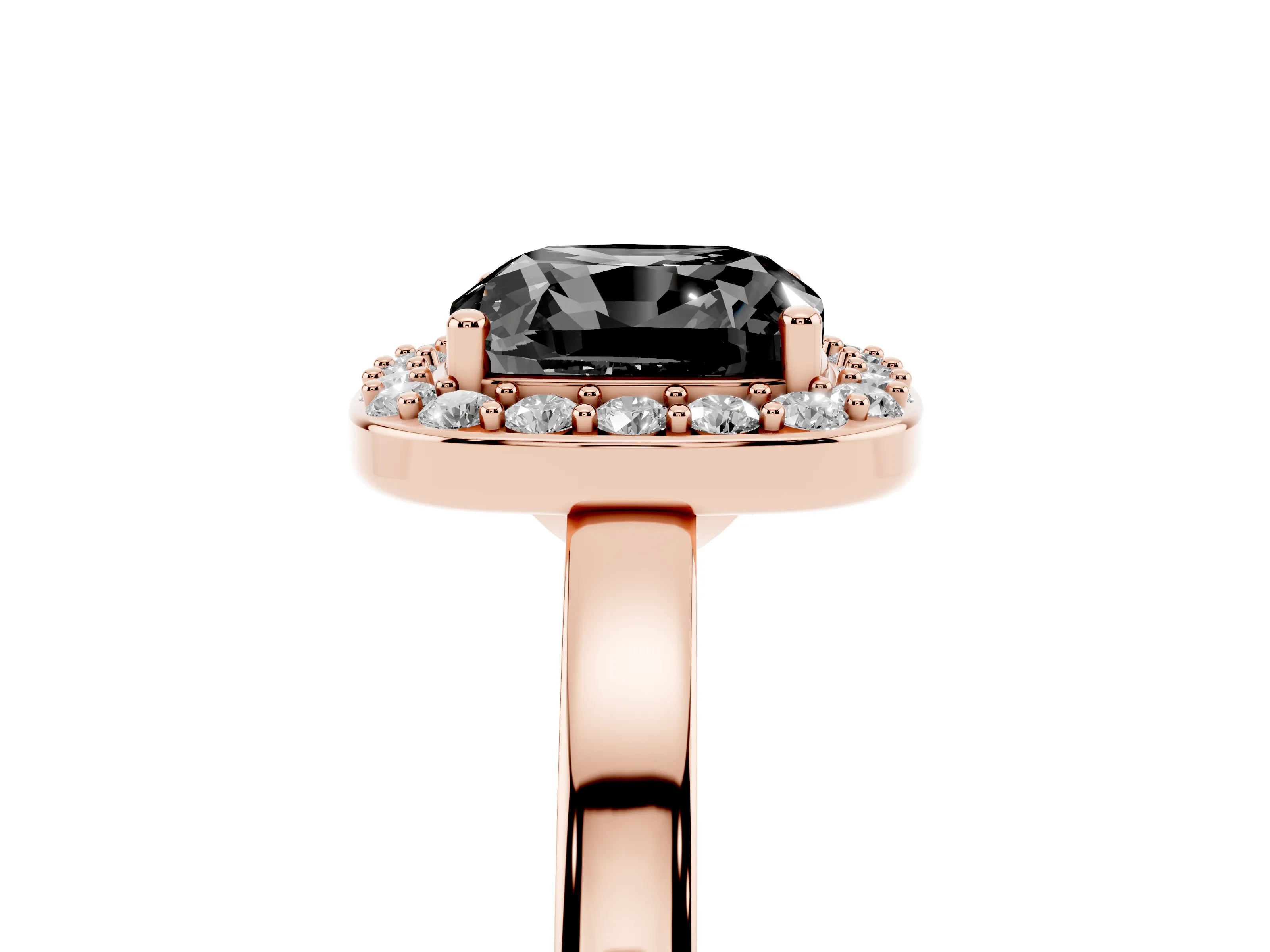 Fancy Black Cushion Cut Diamond Halo Ring Set in Rose gold with Solitaire Band and Prong Setting