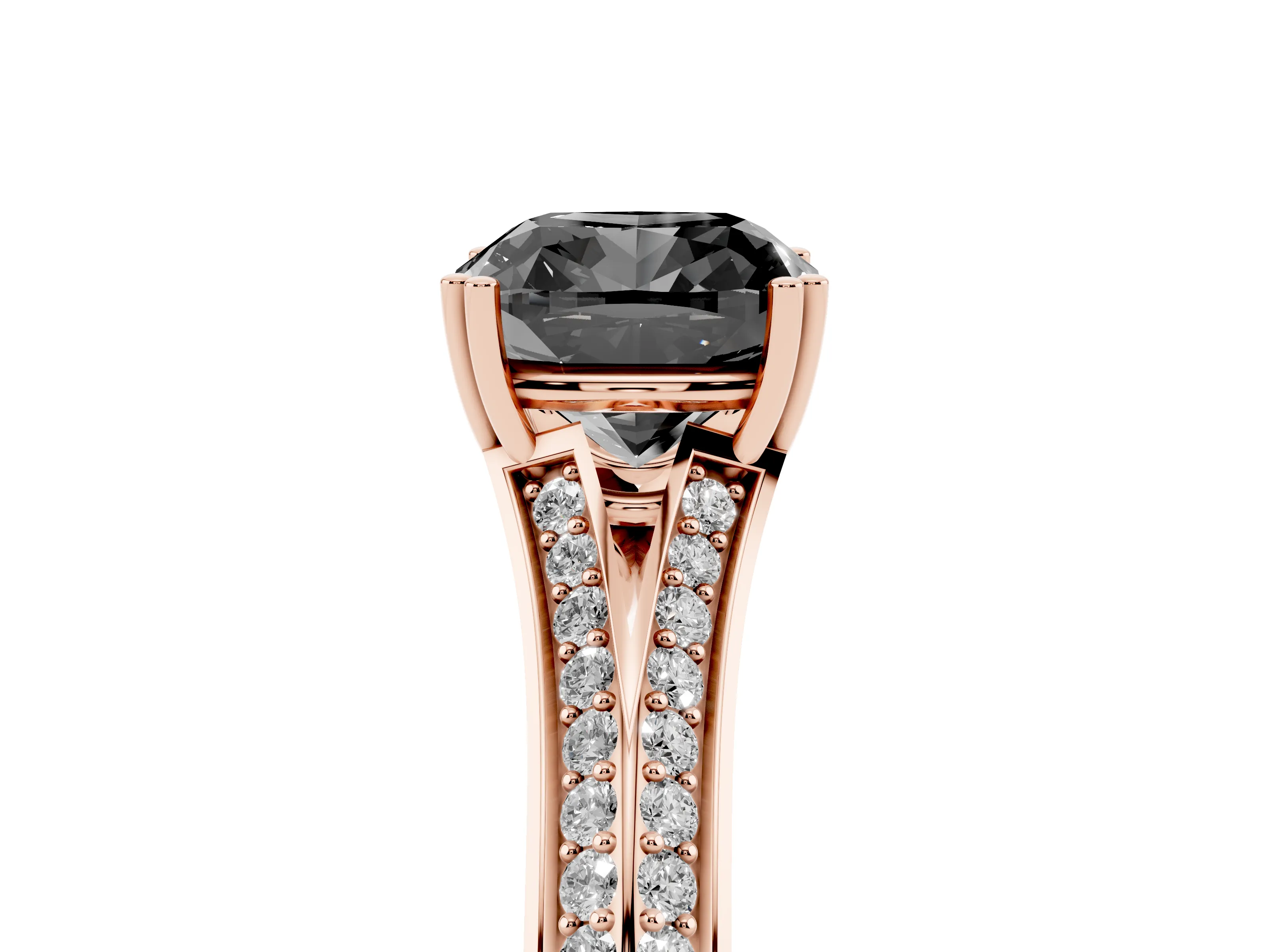 Fancy Black Cushion Cut Diamond Split Shank Pavé Engagement Ring Set in Rose gold with Prong-Set Center Stone