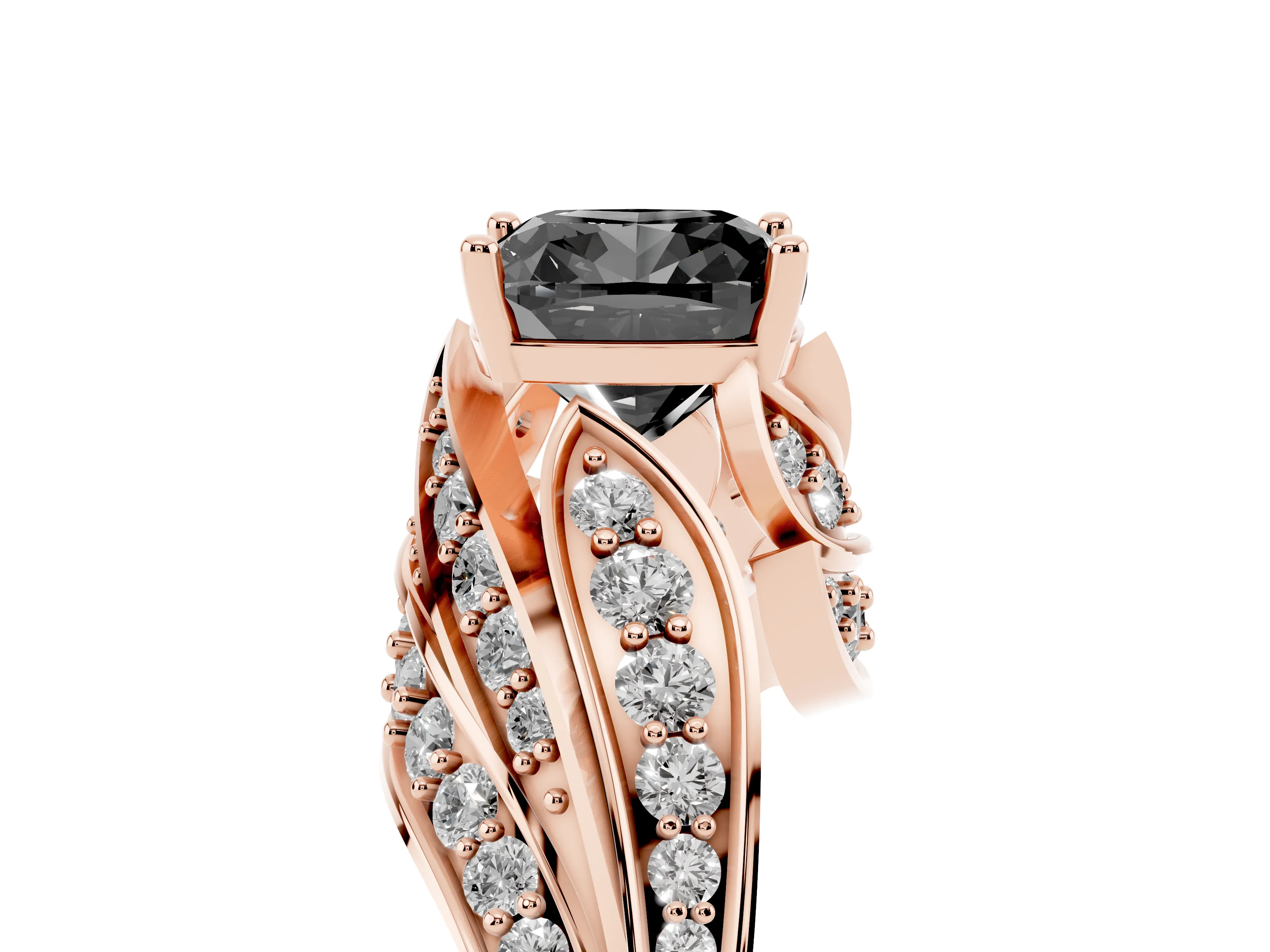 Fancy Black Cushion Cut Diamond Solitaire Ring Set in Rose gold with Layered Twist Pavé Band