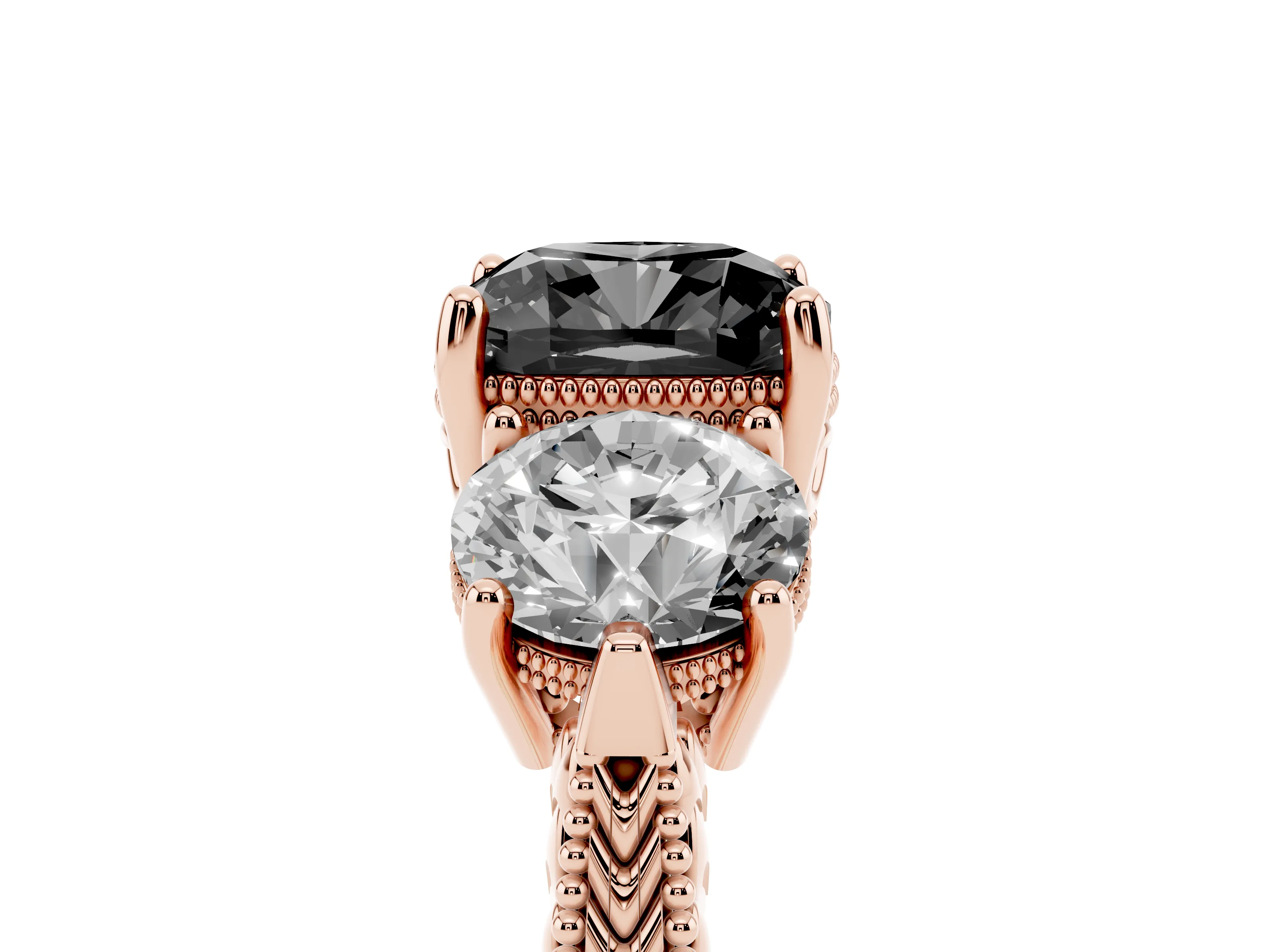 Fancy Black Cushion Cut Diamond Three-Stone Ring Set in Rose gold with Milgrain Band