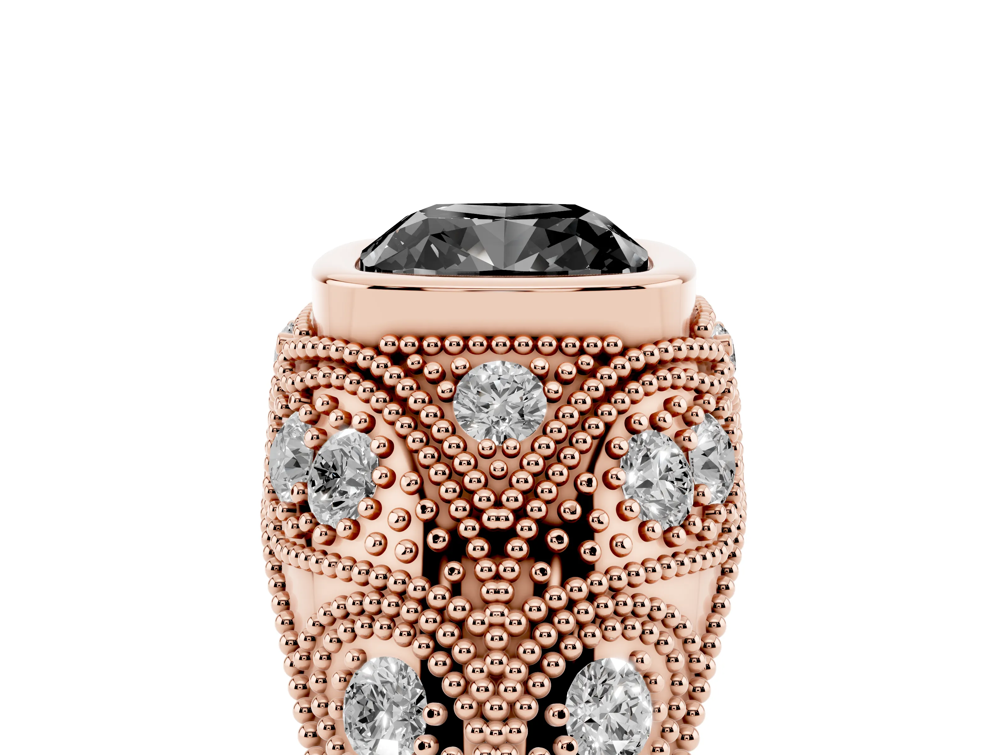 Fancy Black Cushion Cut Diamond Bezel Ring Set in Rose gold with Milgrain Accent Band