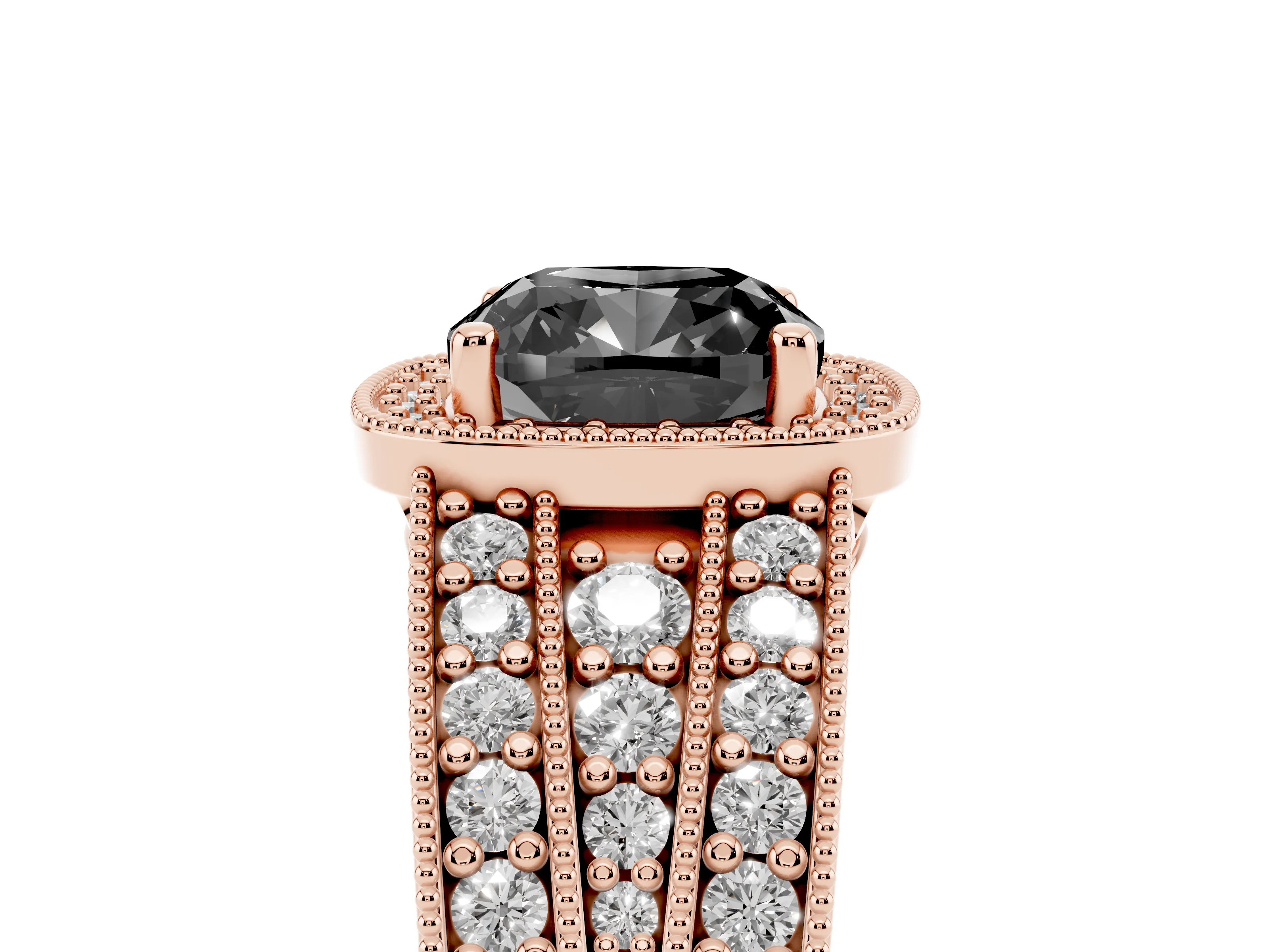 Fancy Black Cushion Cut Diamond Halo Ring Set in Rose gold with Accent Split Shank and Prong Setting