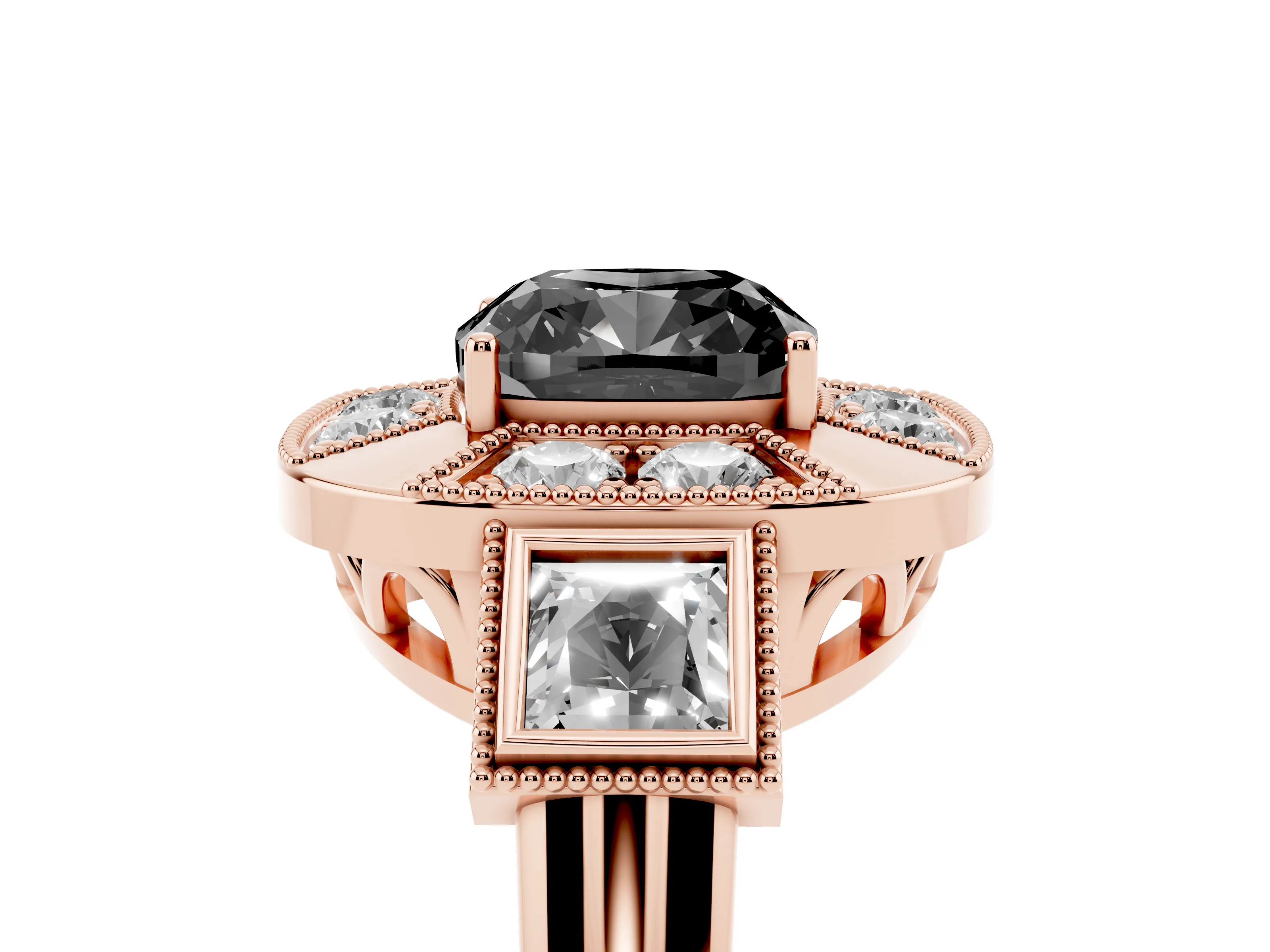 Fancy Black Cushion Cut Diamond Milgrain Halo Ring Set in Rose gold with Split Shank