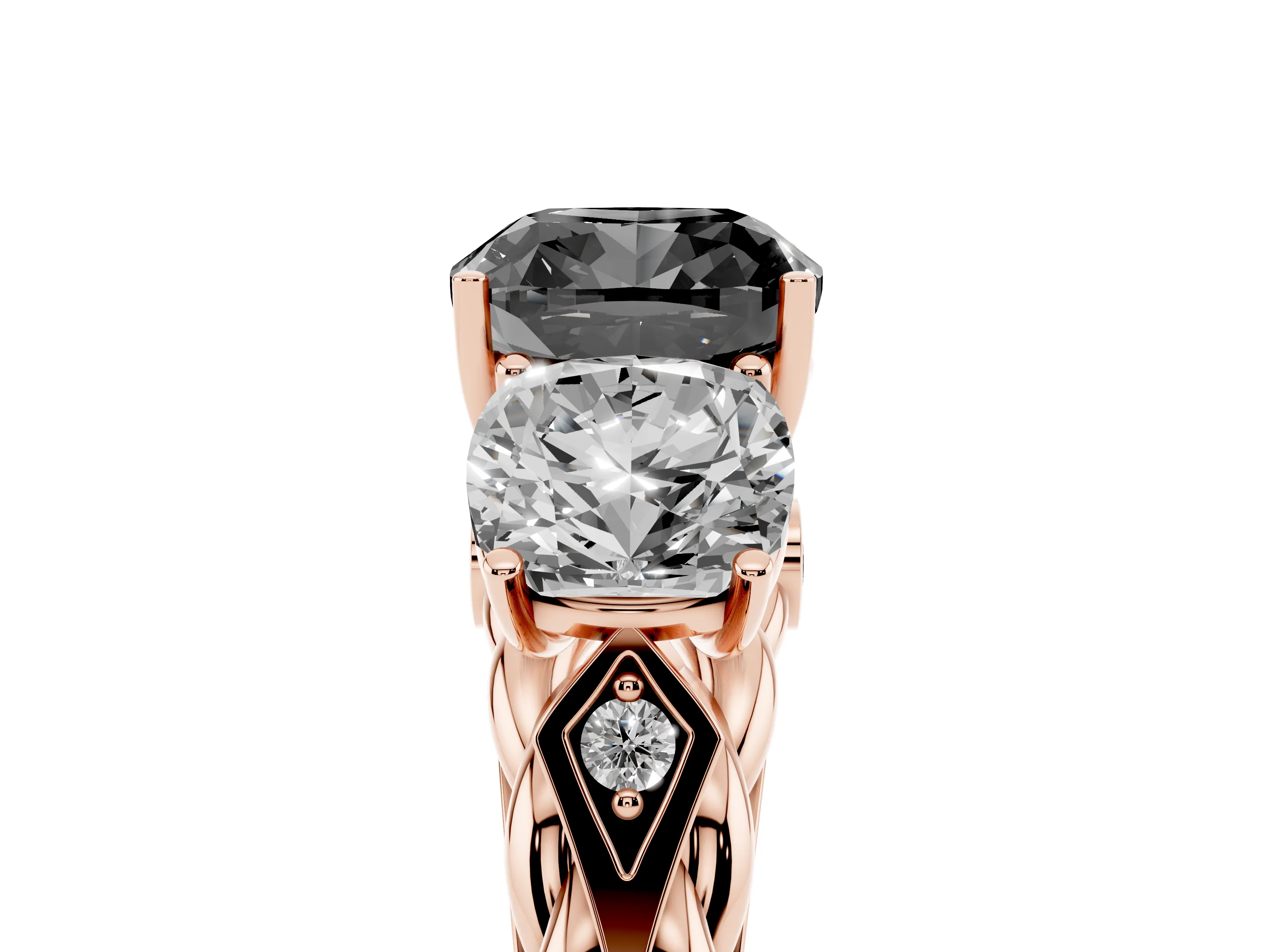 Fancy Black Cushion Cut Diamond Three-Stone Ring Set in Rose gold with Braided Band