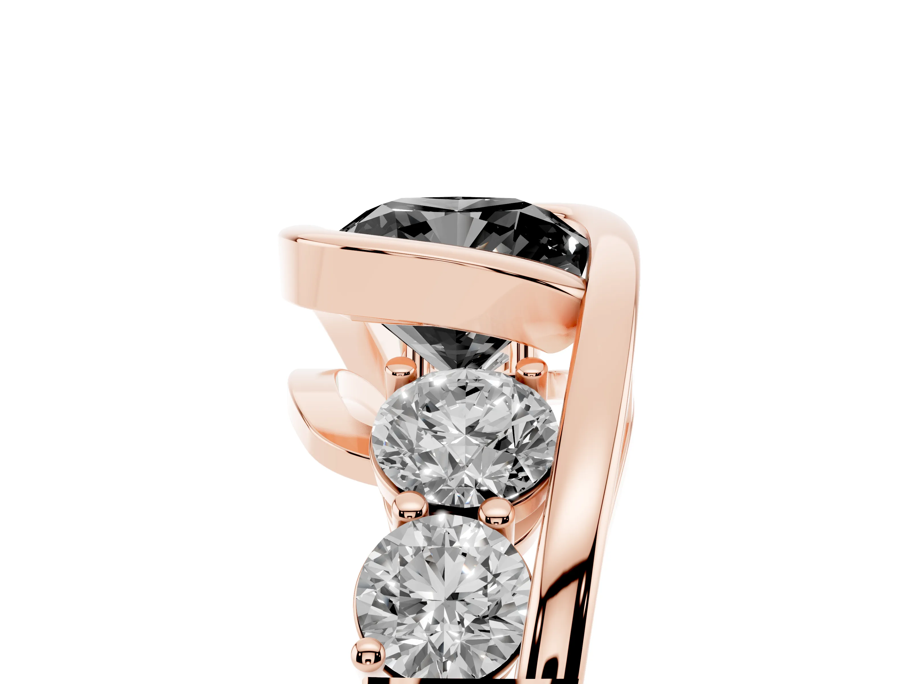 Fancy Black Cushion Cut Diamond Bezel Bypass Ring Set in Rose gold with Round Accents