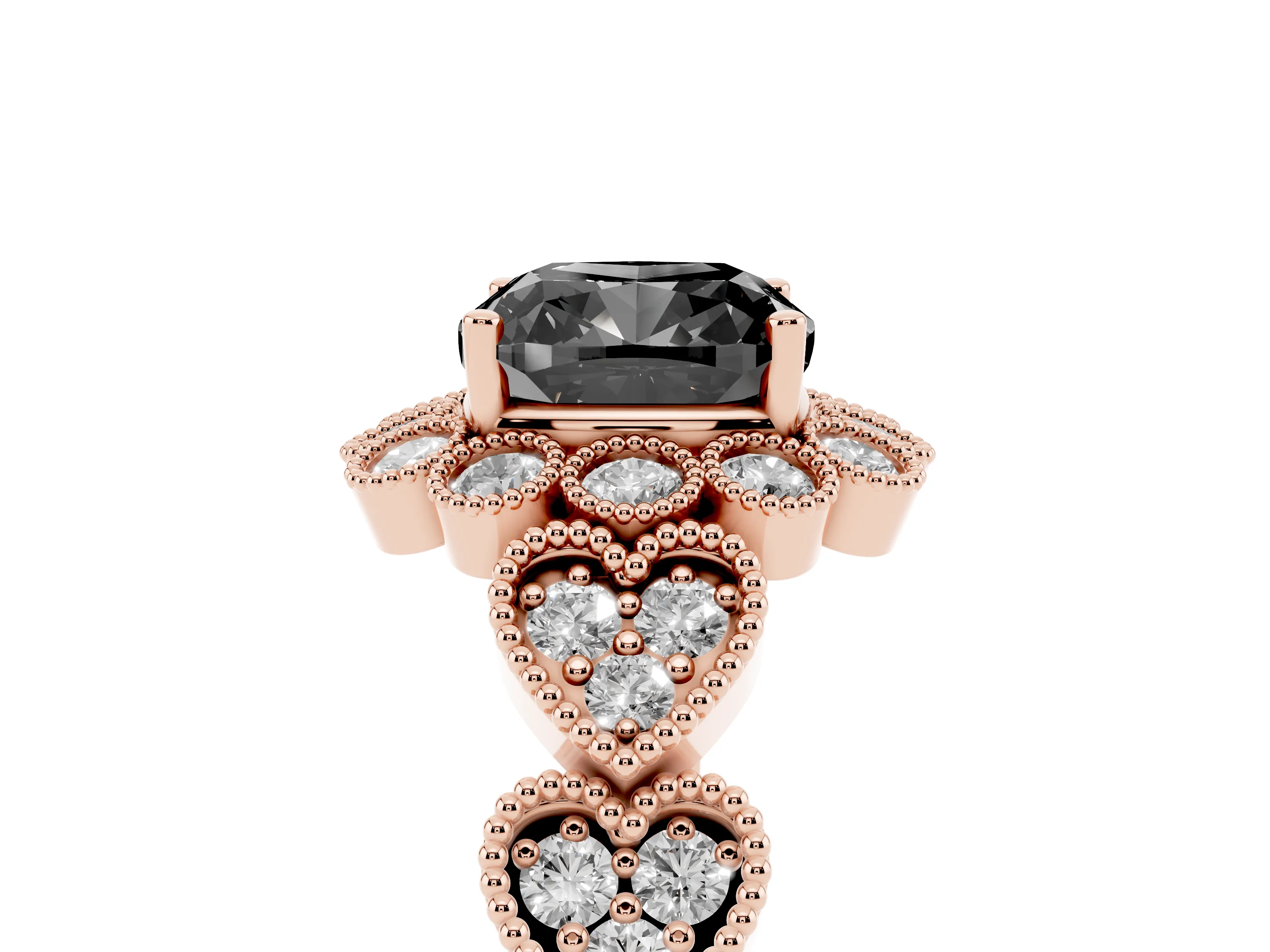 Fancy Black Cushion Cut Diamond Solitaire Ring Set in Rose gold with Milgrain Pavé Heart Band