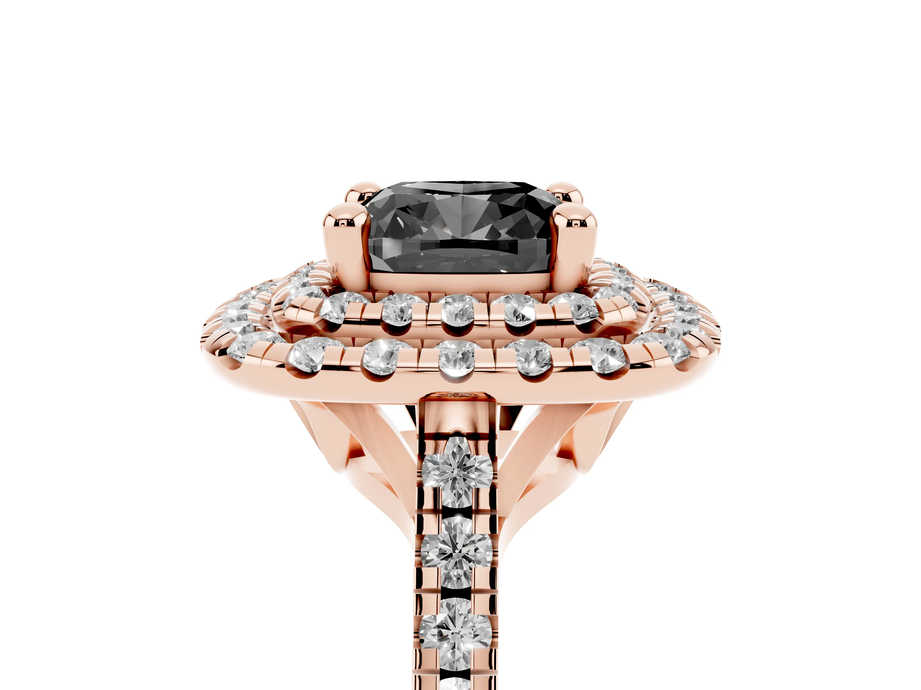 Fancy Black Cushion Cut Diamond Double Halo Statement Ring Set in Rose gold with Pavé Band