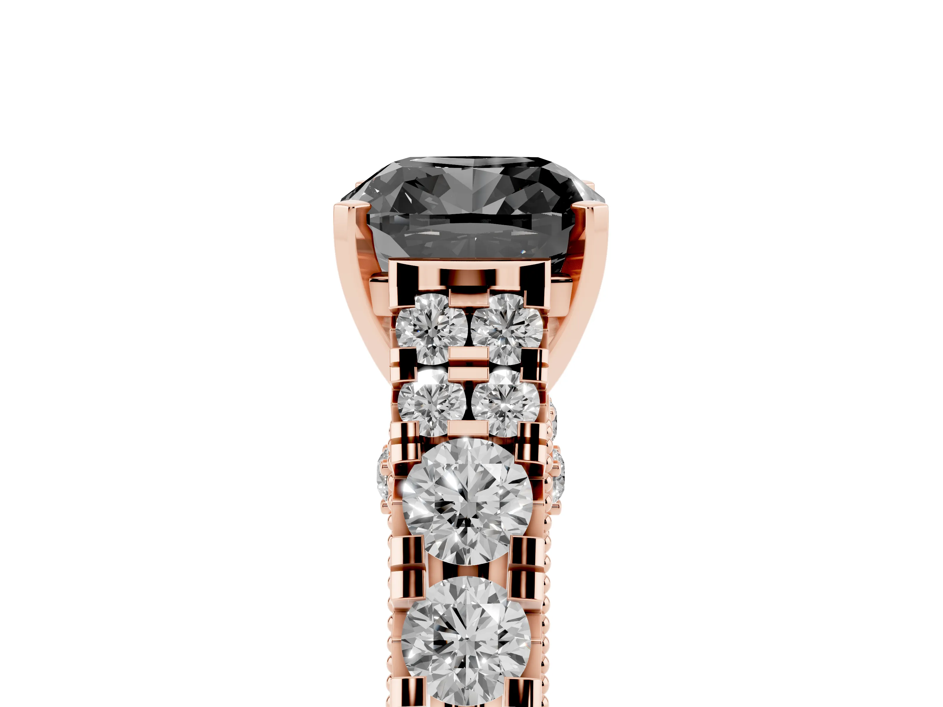 Fancy Black Cushion Cut Diamond Classic Solitaire Ring Set in Rose gold with Pavé Band and Prong Setting