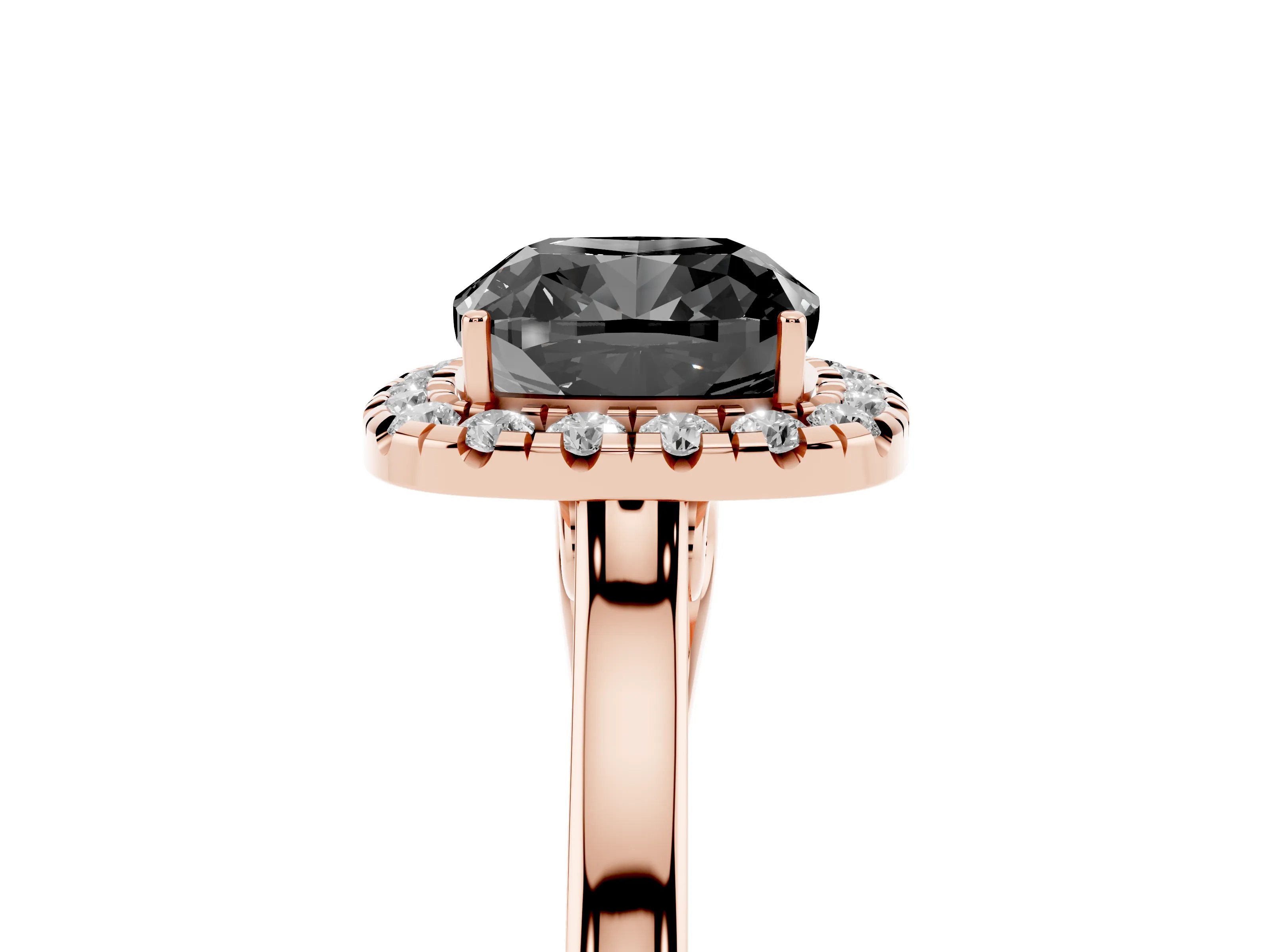 Fancy Black Cushion Cut Halo Round Diamond Solitaire Ring Set in Rose gold with Pavé Band and Prong Setting