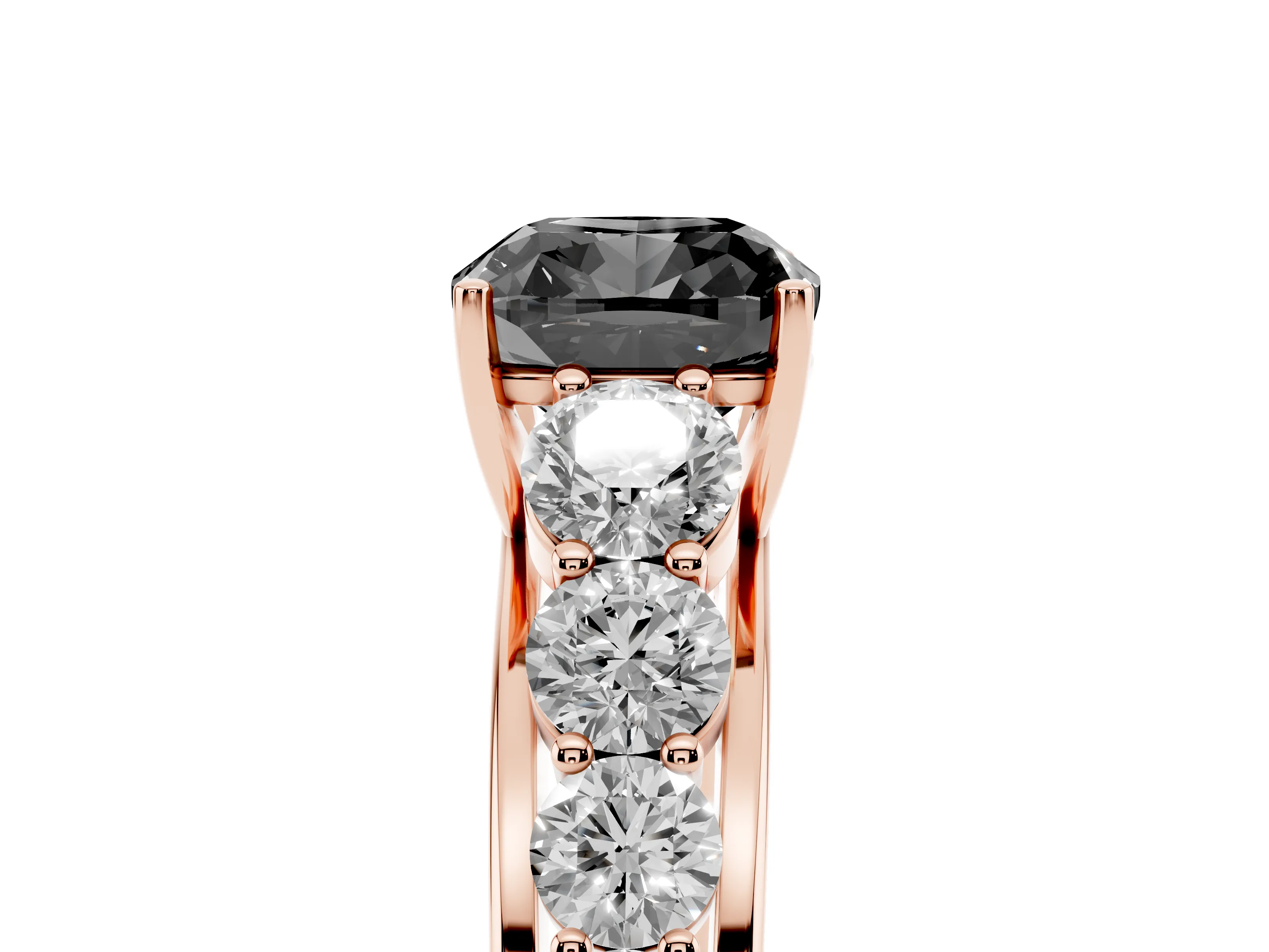 Fancy Black Cushion Cut Diamond Solitaire Ring Set in Rose gold with Pavé-Set Band and Prong Setting