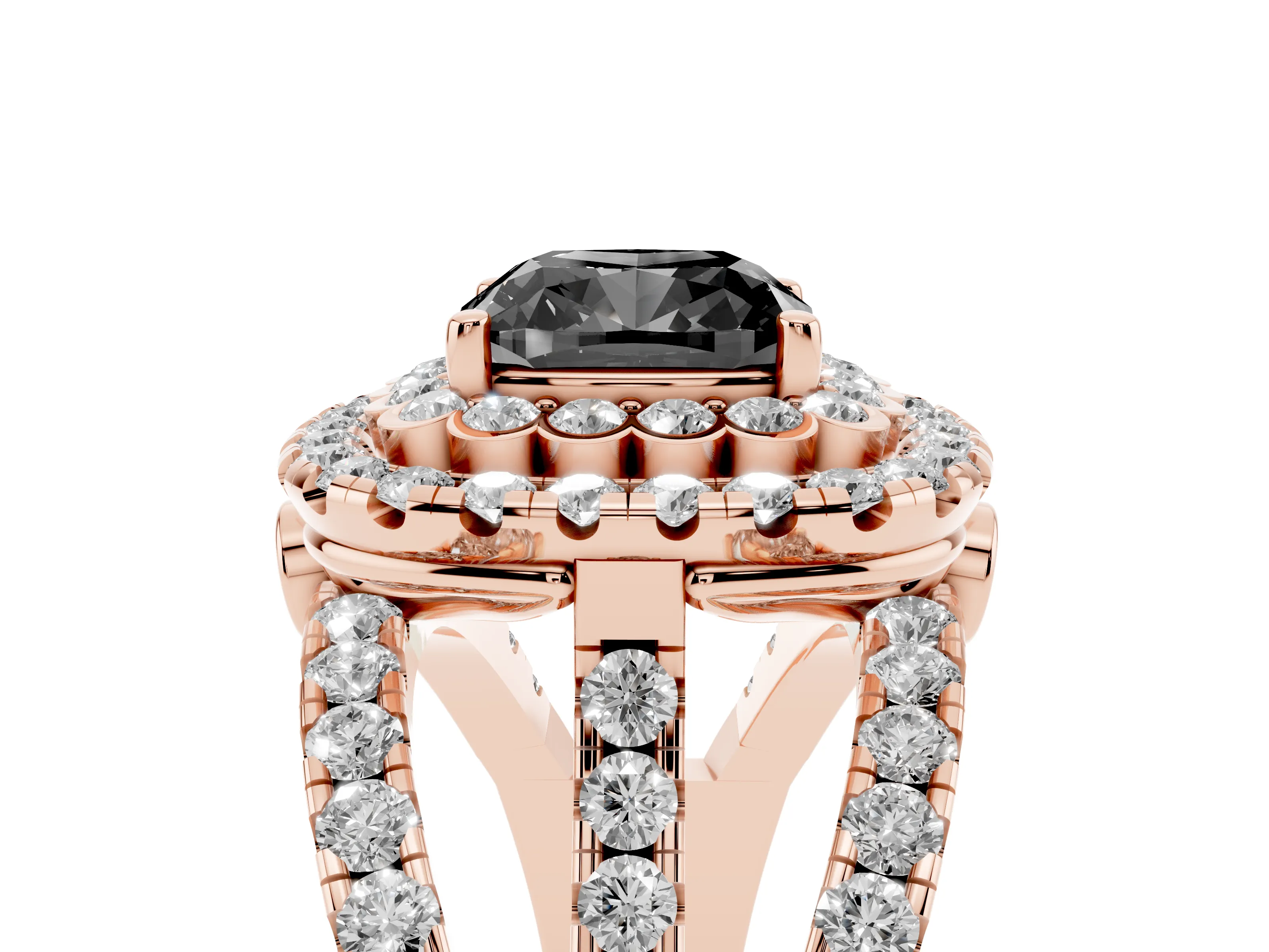 Fancy Black Cushion Cut Diamond Double Halo Ring Set in Rose gold with Round Pavé Split Shank