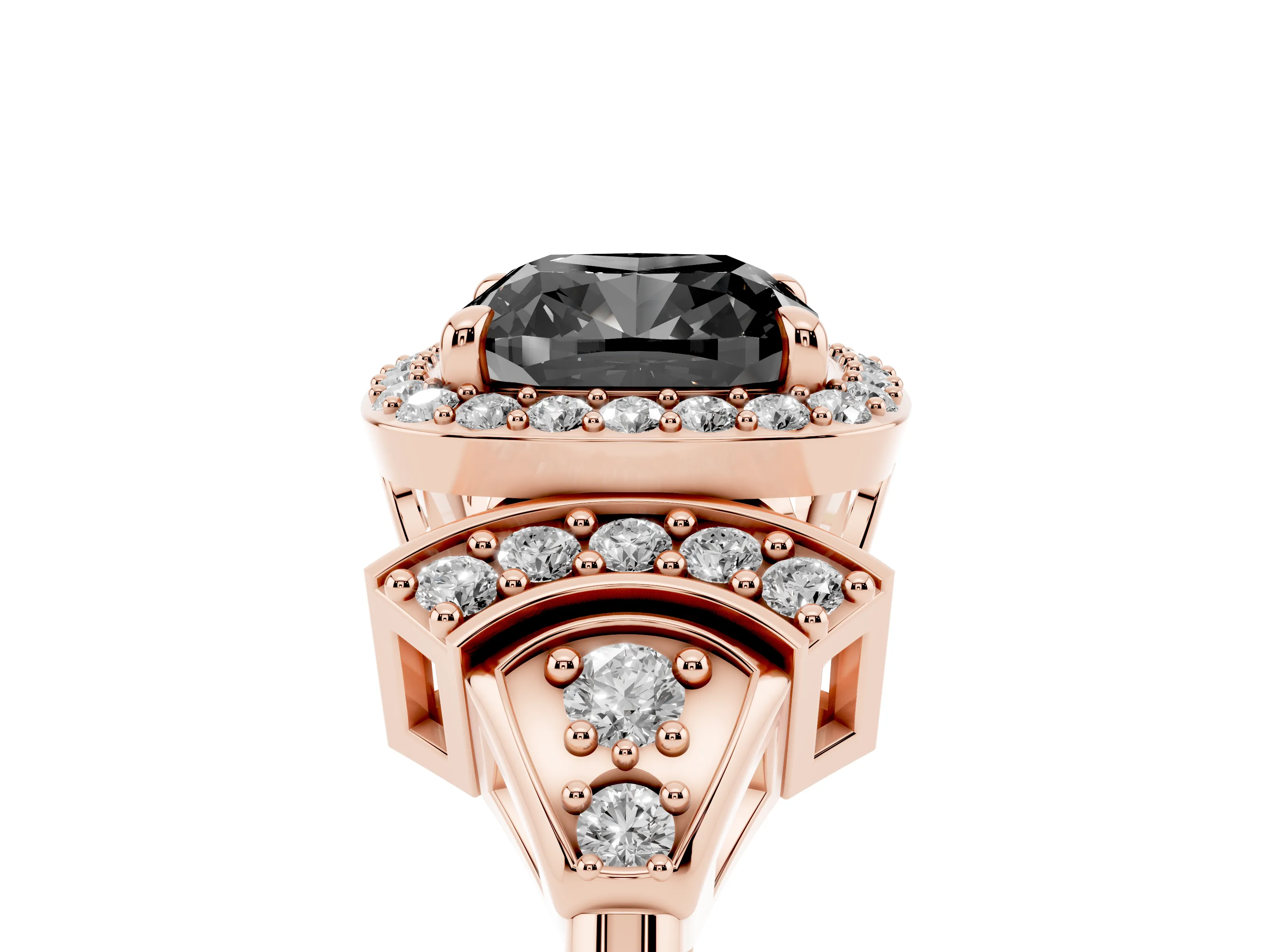 Fancy Black Cushion Cut Diamond Halo Engagement Ring Set in Rose gold with Accent Stone Split Shank