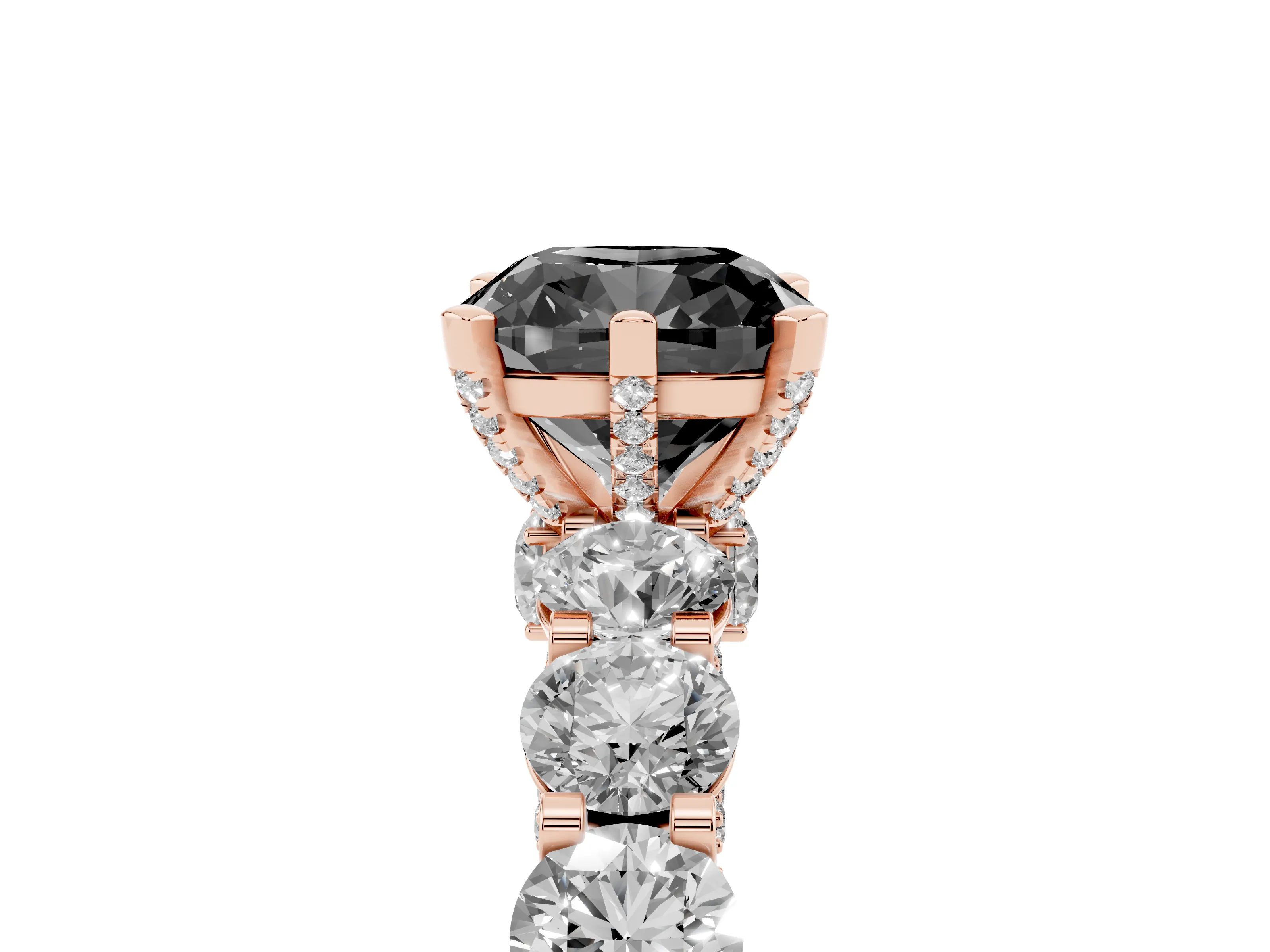 Fancy Black Cushion Cut Diamond Side Stone Ring Set in Rose gold with Alternating Round and Oval Side Stones