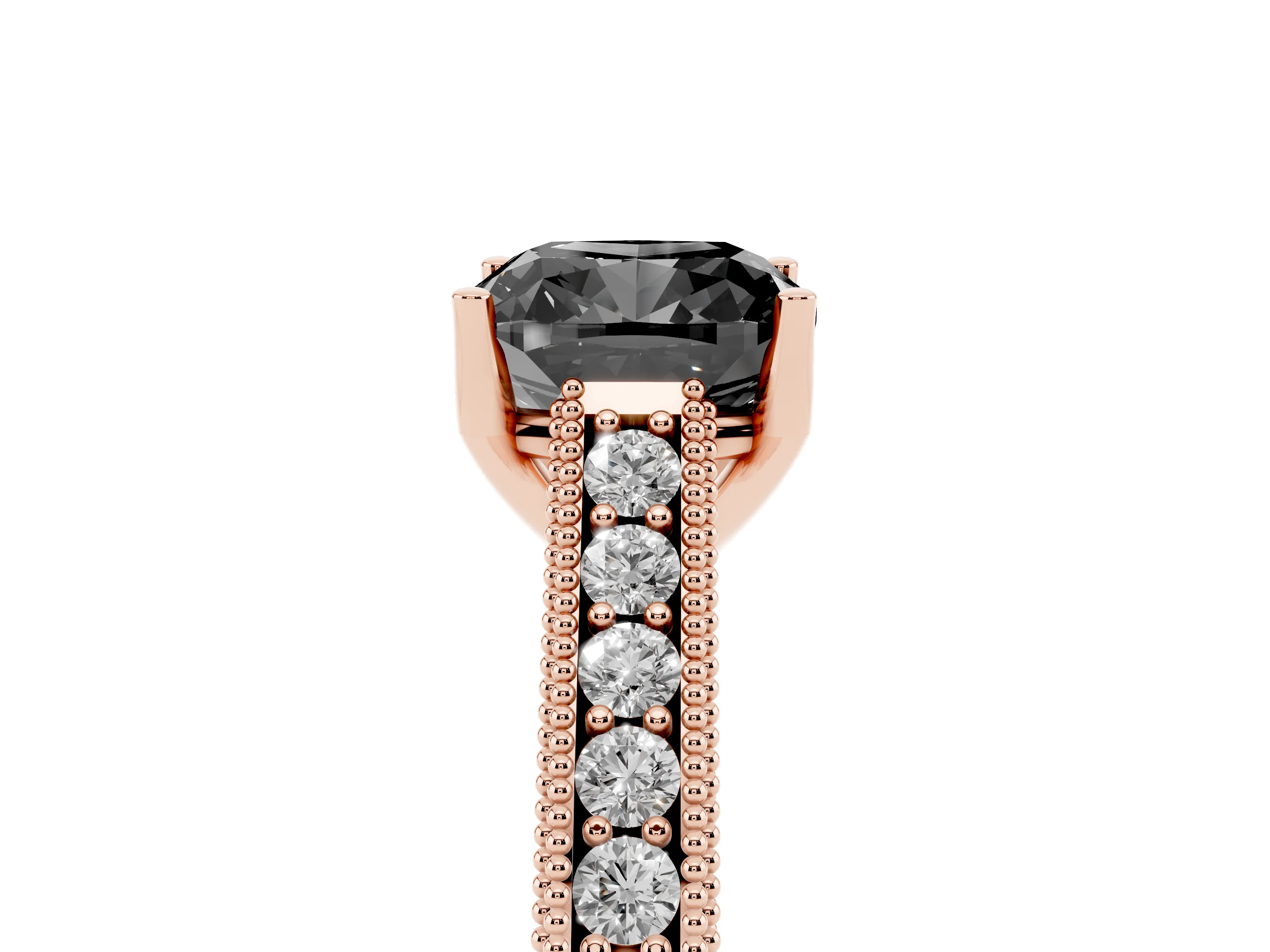 Fancy Black Cushion Cut Diamond Milgrain Pavé Band Solitaire Ring Set in Rose gold with Prong Setting