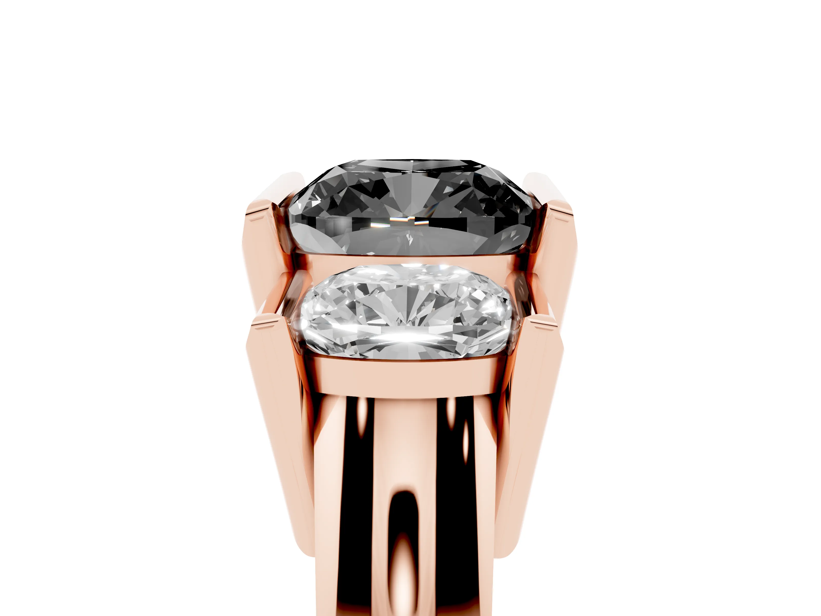 Fancy Black Cushion Cut Diamond Three-Stone Channel Set Ring Set in Rose gold with Smooth Polished Band