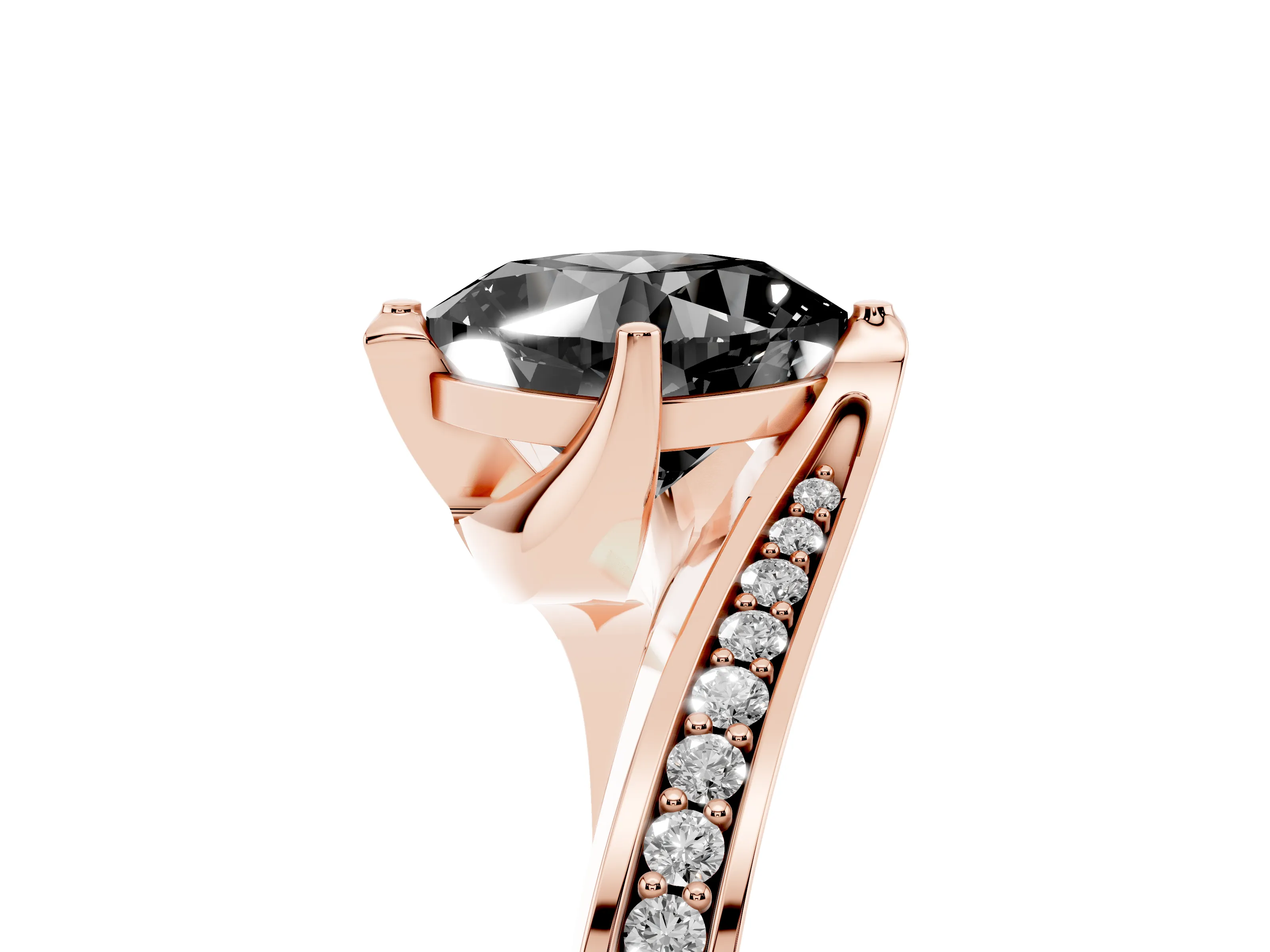 Fancy Black Cushion Cut Diamond Solitaire Ring Set in Rose gold with Intertwined Pavé Twist Band
