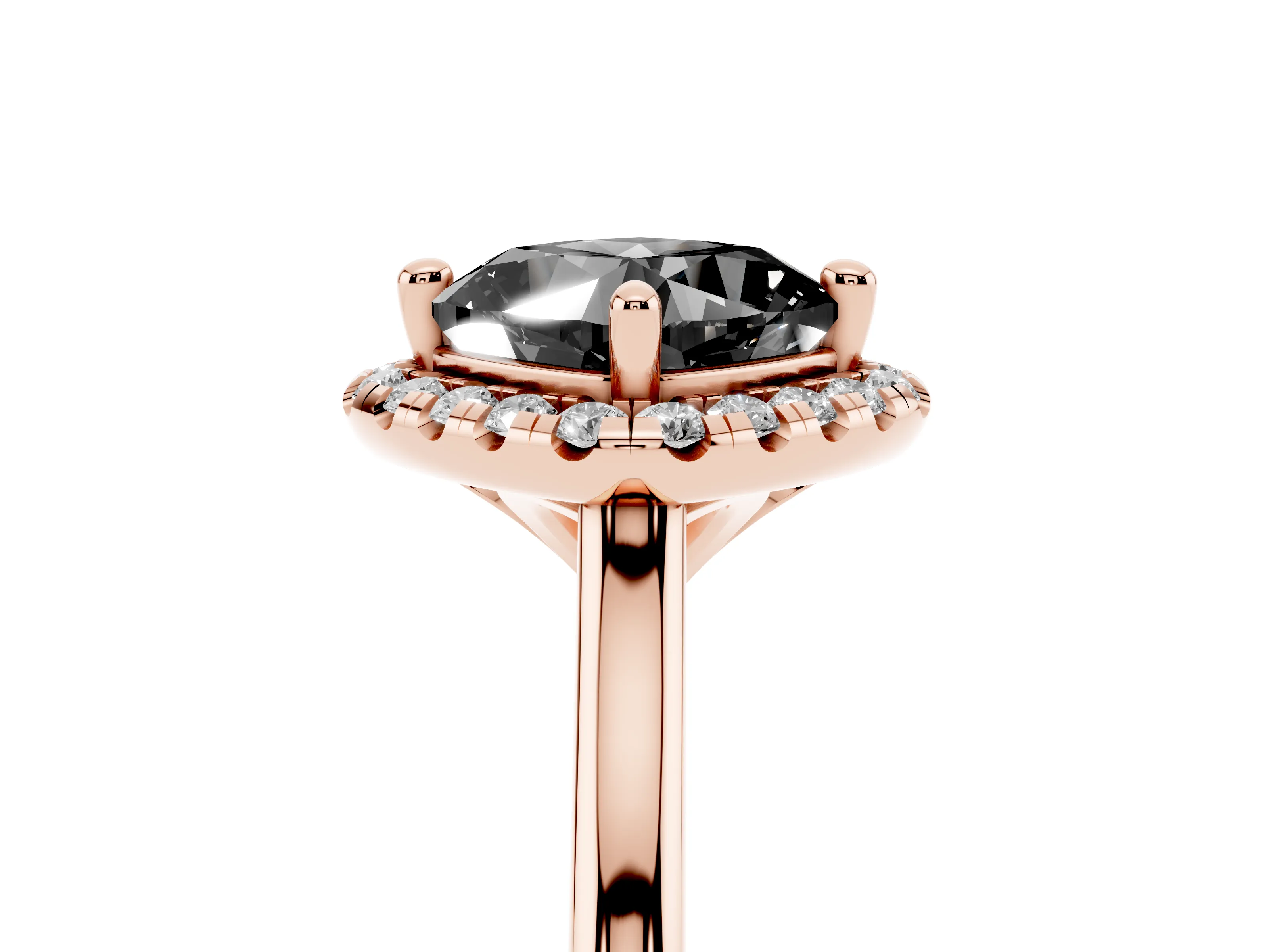 Fancy Black Cushion Cut Diamond Halo Engagement Ring Set in Rose gold with Pavé Band and Rising Shoulders