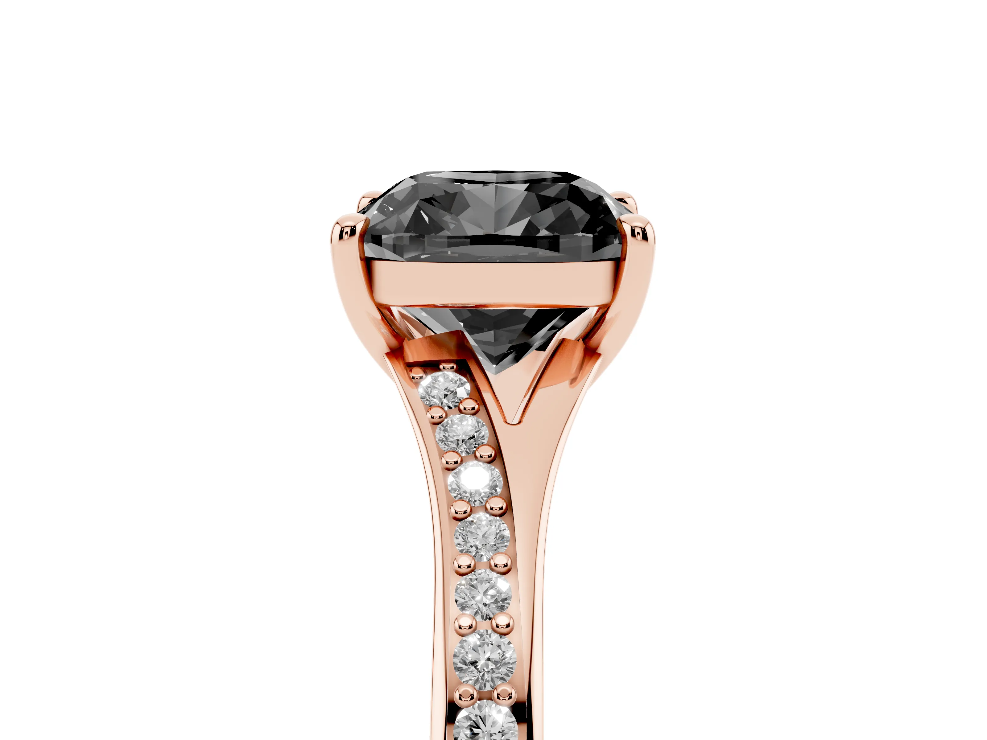 Fancy Black Cushion Cut Diamond Solitaire Ring Set in Rose gold with Pavé Accent Band and Classic Prong Setting