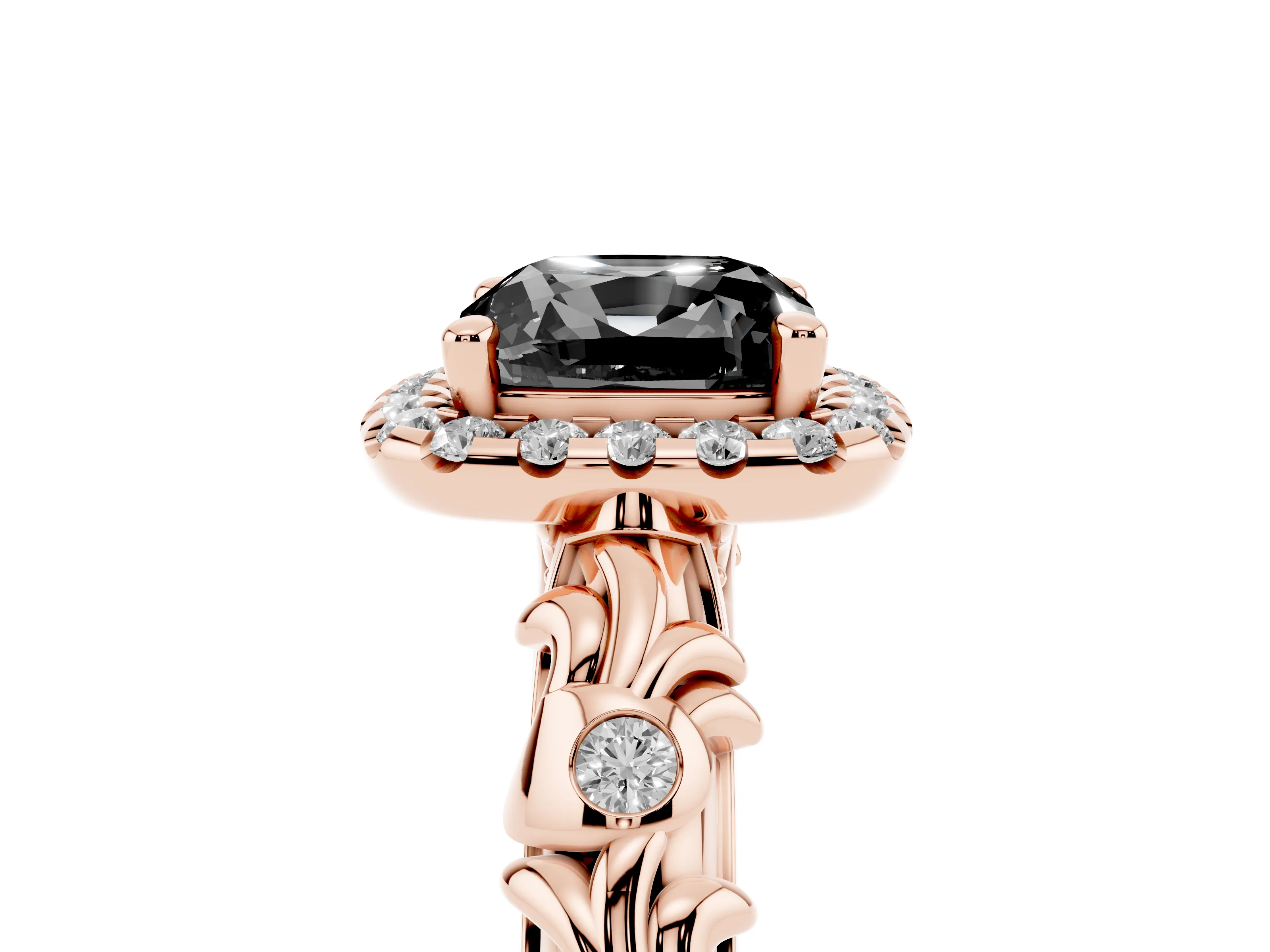 Fancy Black Cushion Cut Diamond Halo Ring Set in Rose gold with Filigree Leaf Band and Prong Setting