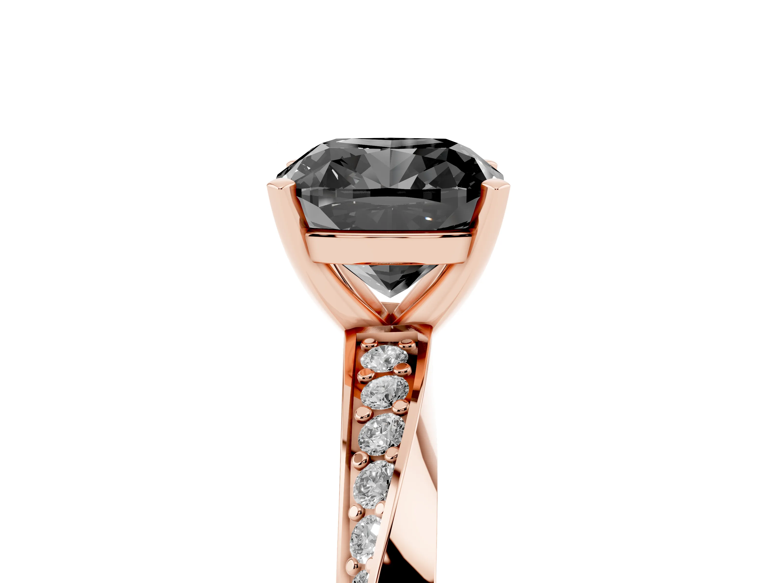 Fancy Black Cushion Cut Diamond Engagement Ring Set in Rose gold with Side Stone Accents and Prong Setting