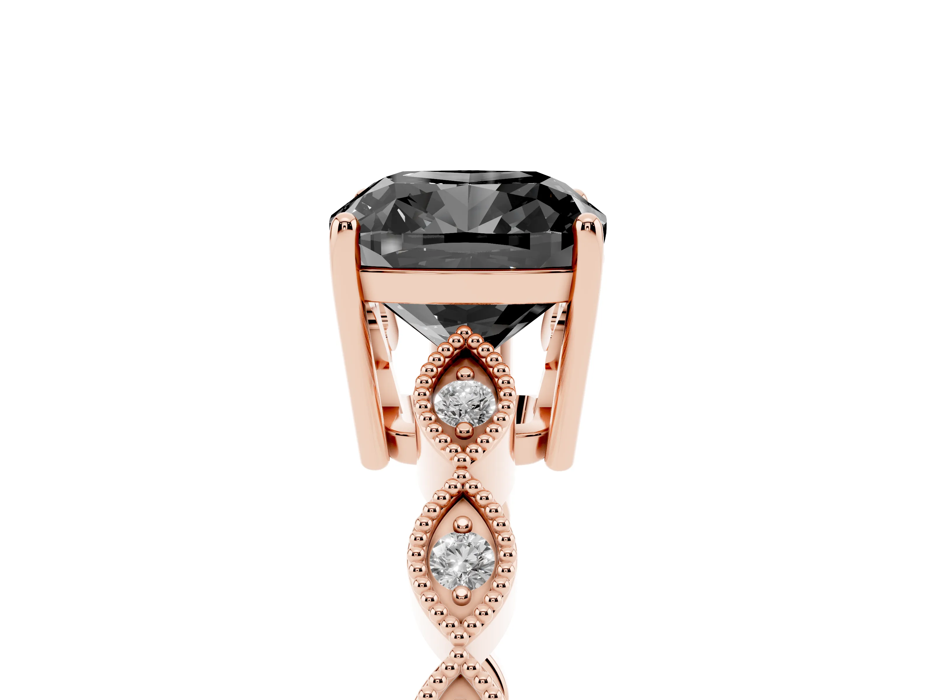 Fancy Black Cushion Cut Diamond Solitaire Ring Set in Rose gold with Infinity Twist Pavé Band