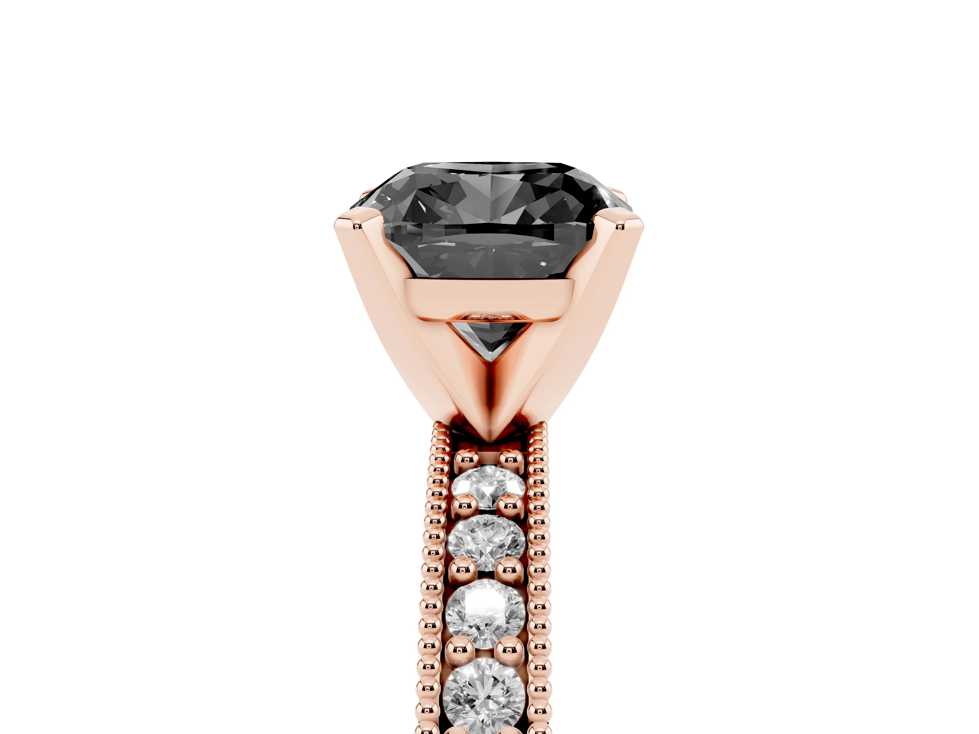 Fancy Black Cushion Cut Diamond Milgrain Pavé Engagement Ring Set in Rose gold with Prong Setting