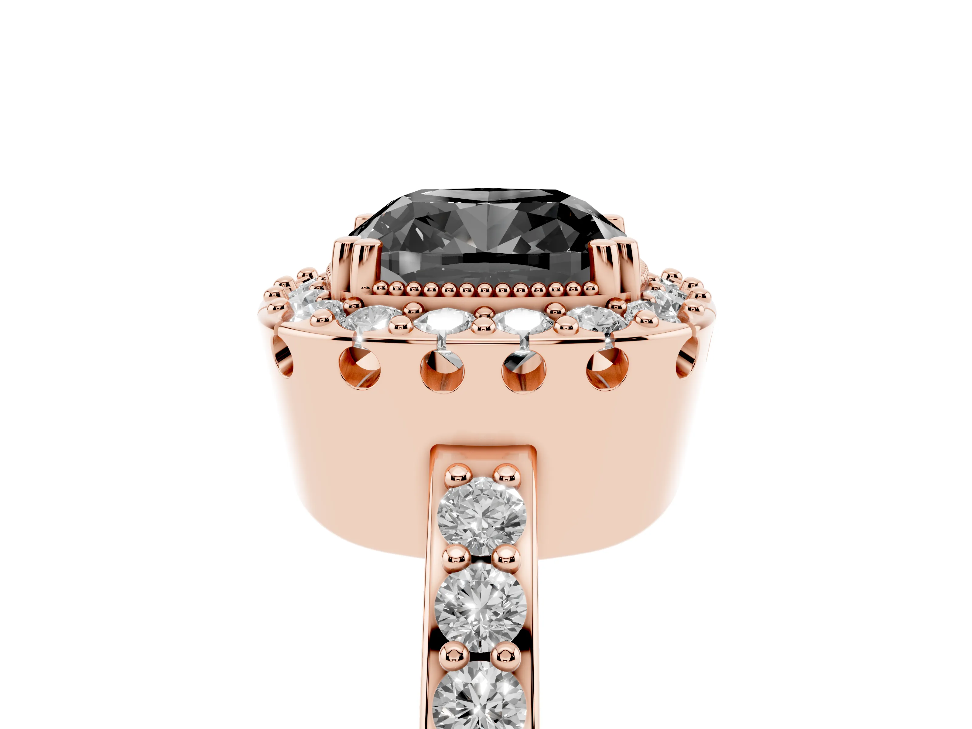 Fancy Black Cushion Cut Diamond Halo Ring Set in Rose gold with Pavé Shank and Prong Setting