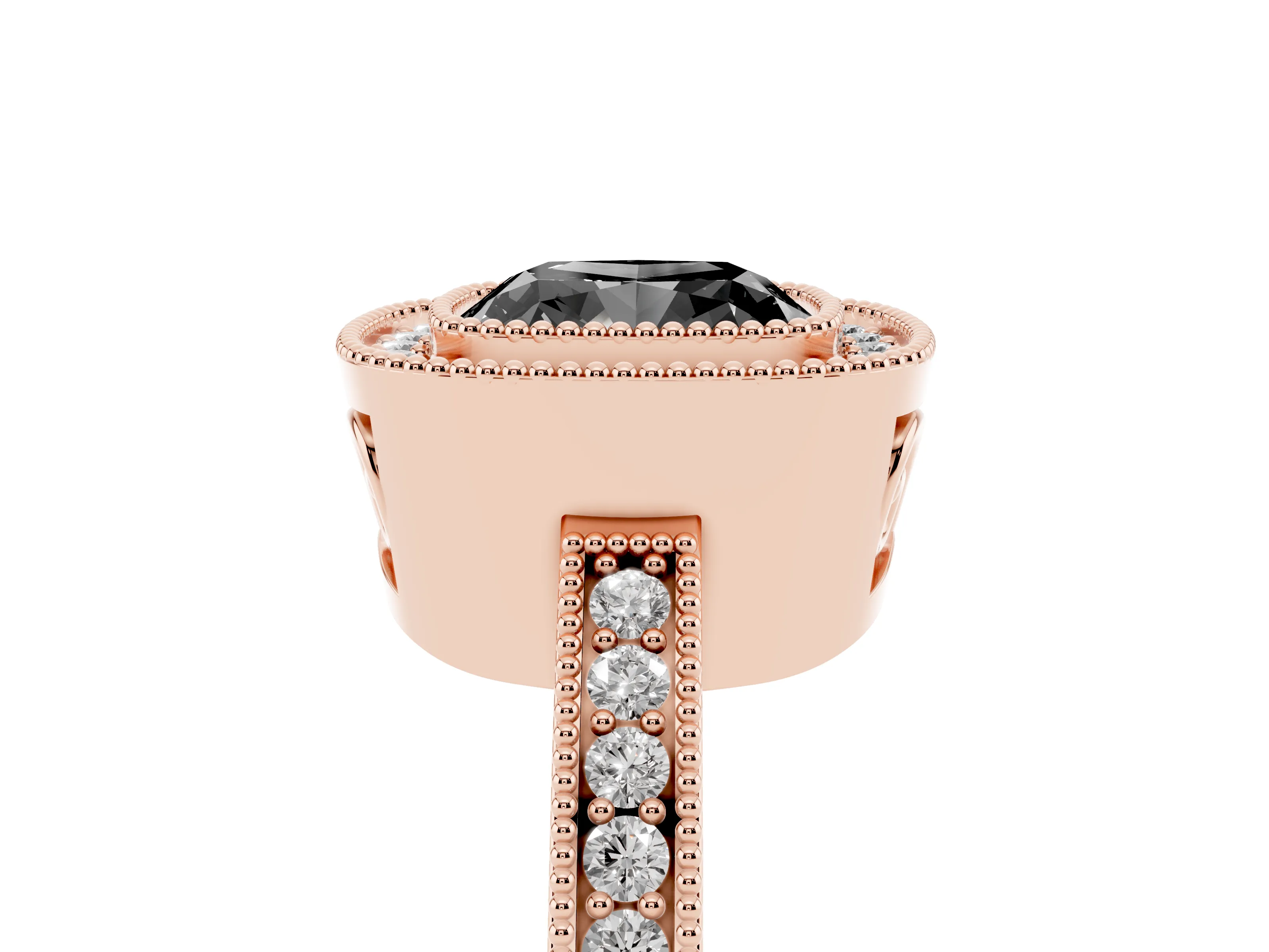 Fancy Black Cushion Cut Diamond Round Halo Ring Set in Rose gold with Pavé Band