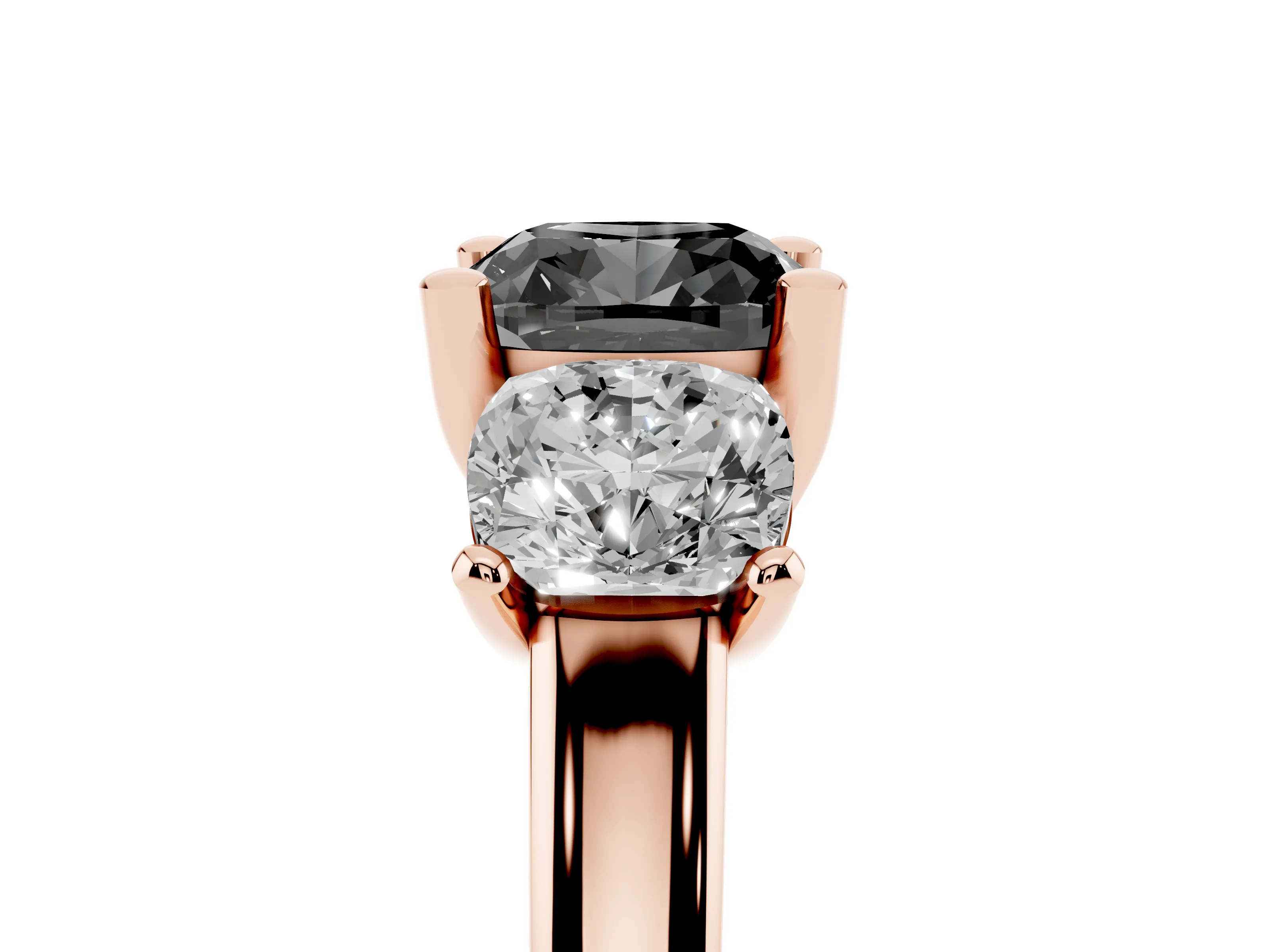 Fancy Black Cushion Cut Diamond Three-Stone Ring Set in Rose gold with Classic Prong Setting and Plain Band
