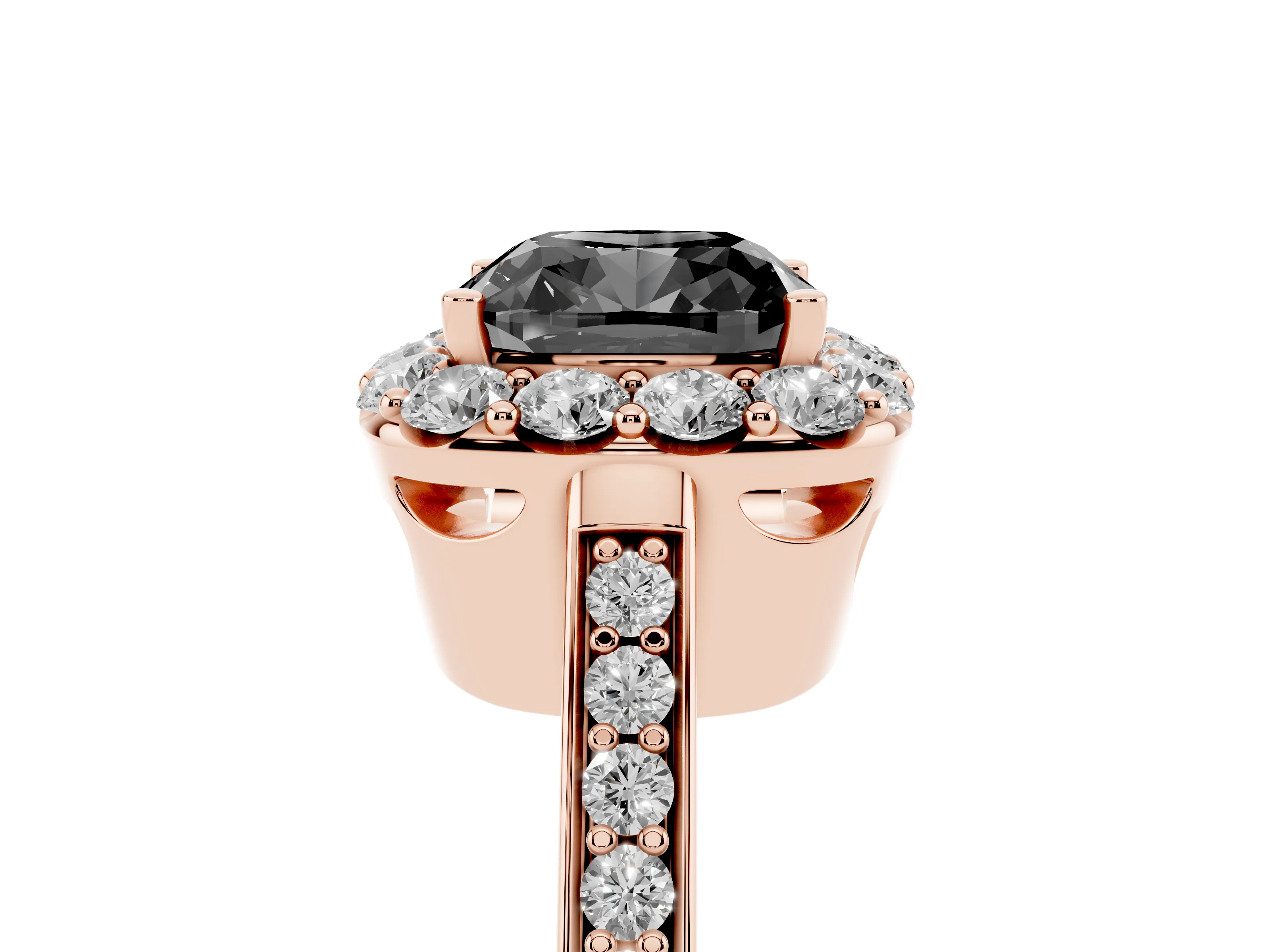 Fancy Black Cushion Cut Diamond Floral Halo Ring Set in Rose gold with Pavé Band and Prong Setting