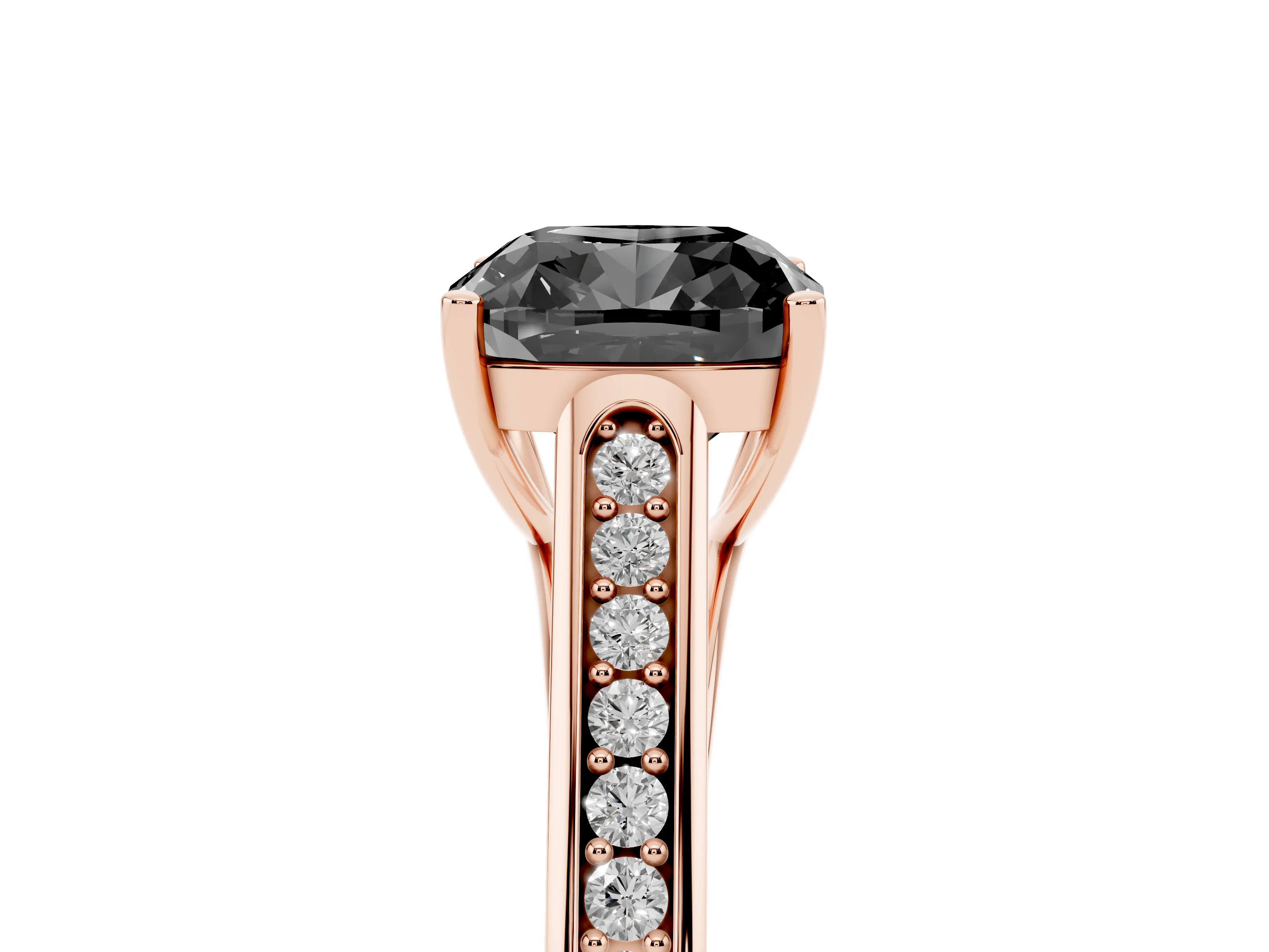 Fancy Black Cushion Cut Diamond Solitaire Cathedral Engagement Ring Set in Rose gold with Channel-Set Band and Prong Setting