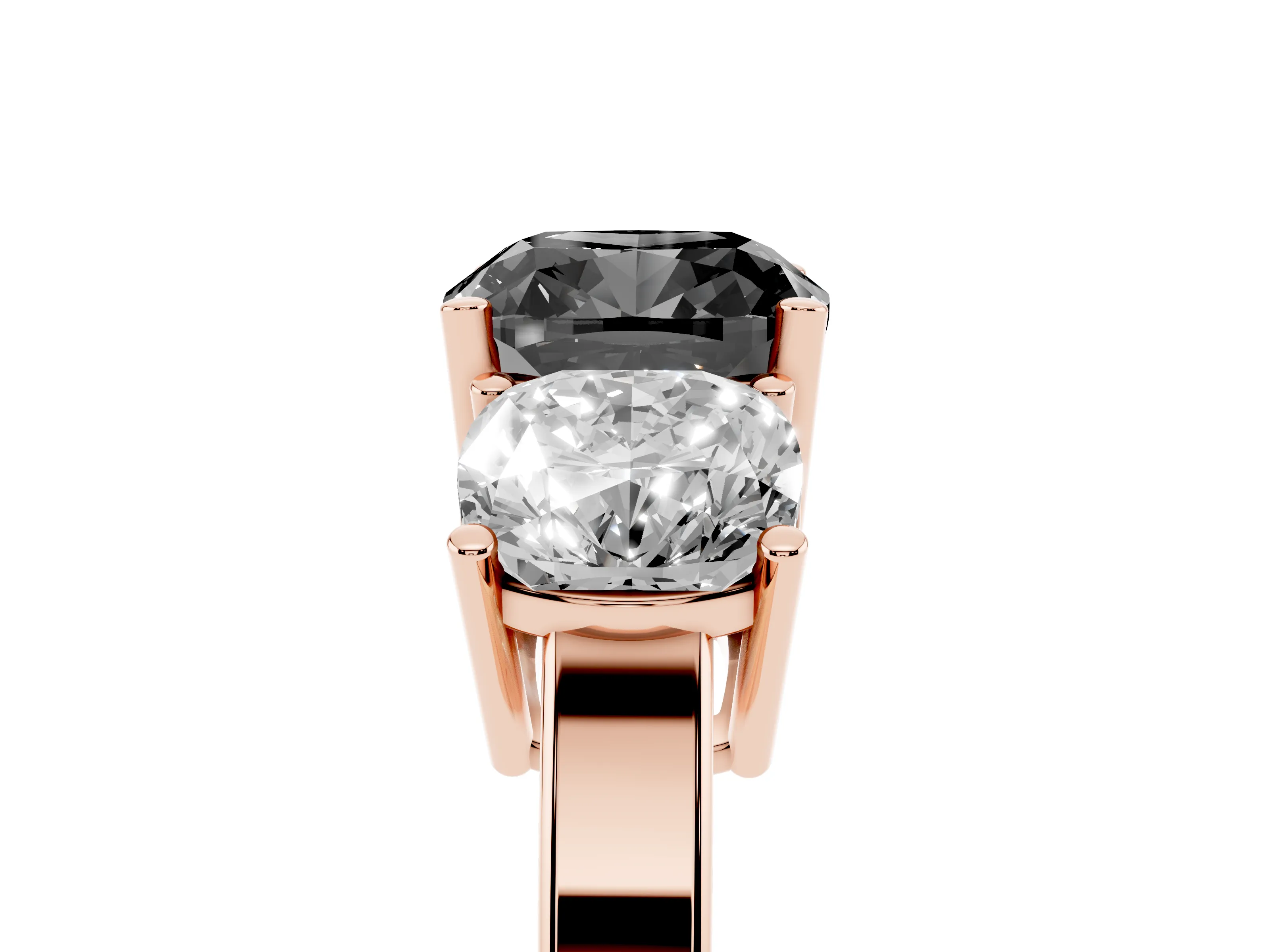 Fancy Black Cushion Cut Diamond Three-Stone Engagement Ring Set in Rose gold with Flat Band