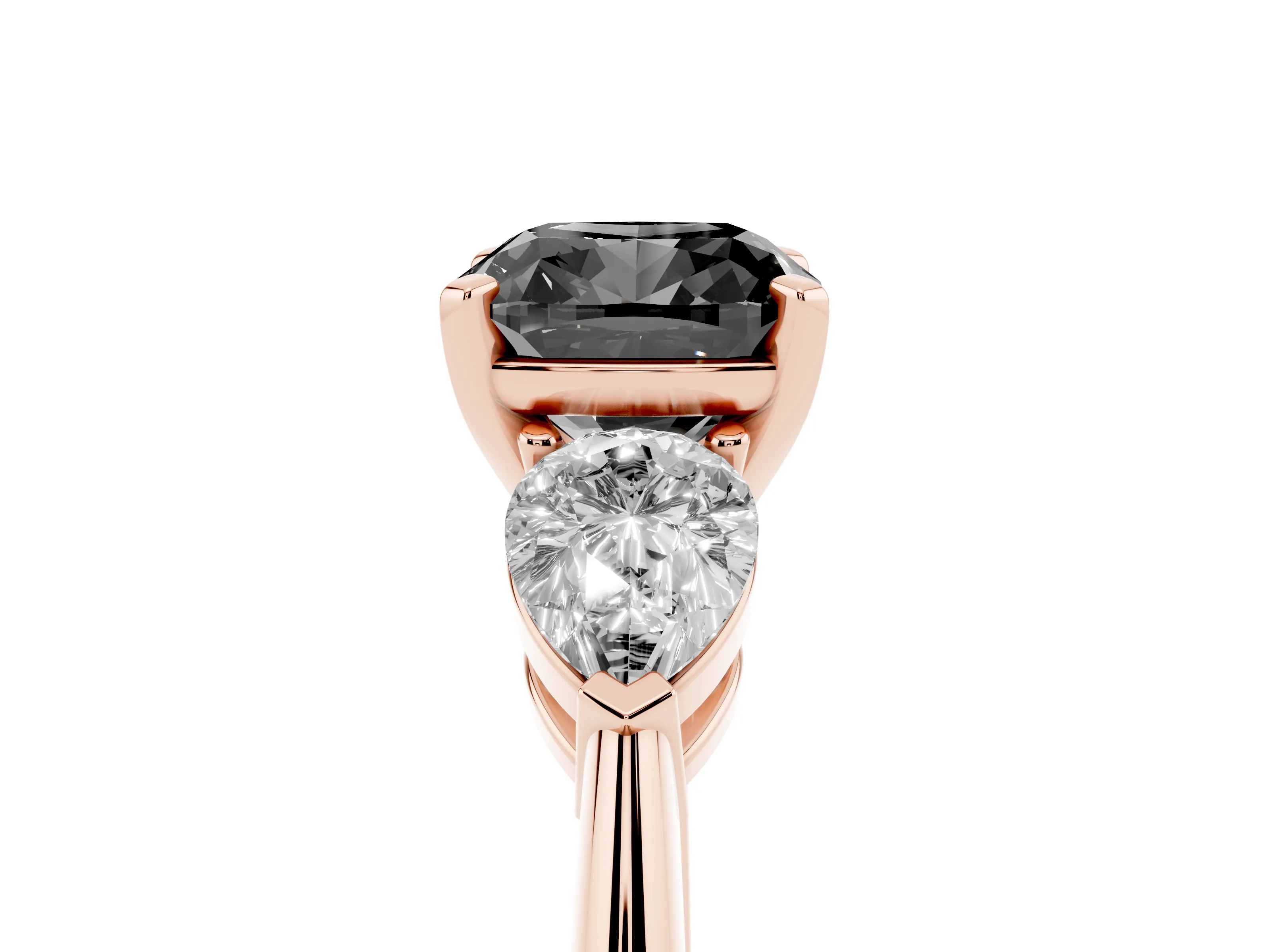 Fancy Black Three-Stone Cushion Cut Diamond Ring Set in Rose gold with Pear Side Stones and Prong Setting
