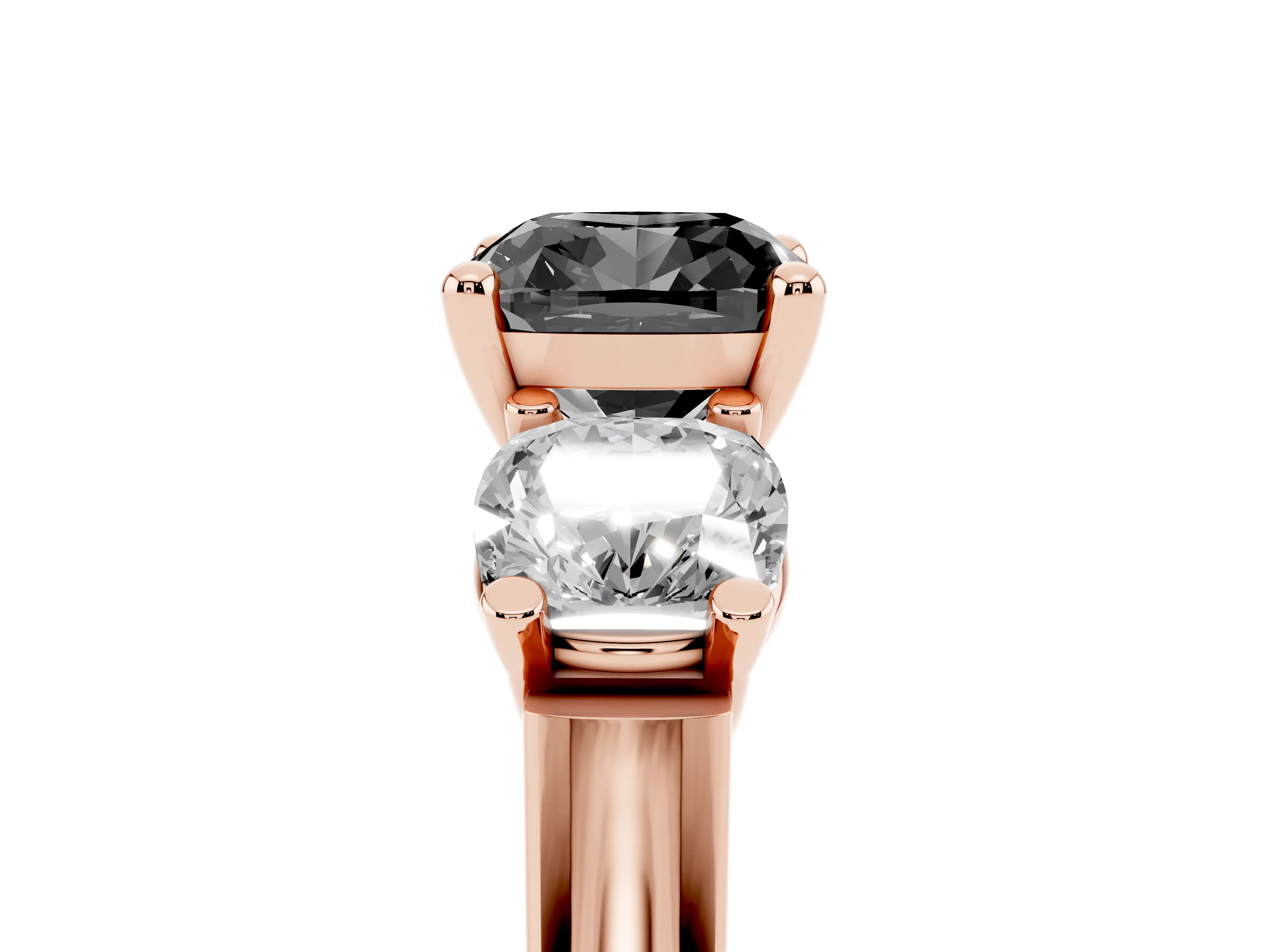 Fancy Black Cushion Cut Diamond Three-Stone Trellis Ring Set in Rose gold with Comfort Fit Band