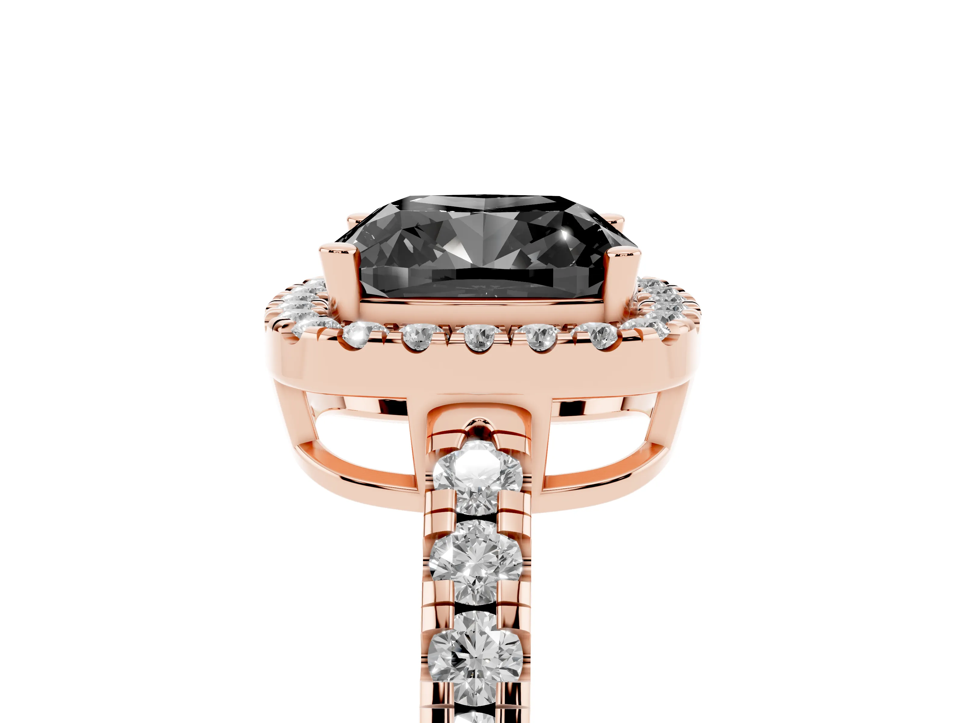 Fancy Black Cushion Cut Diamond Halo Ring Set in Rose gold with Delicate Pavé Band and Prong Setting
