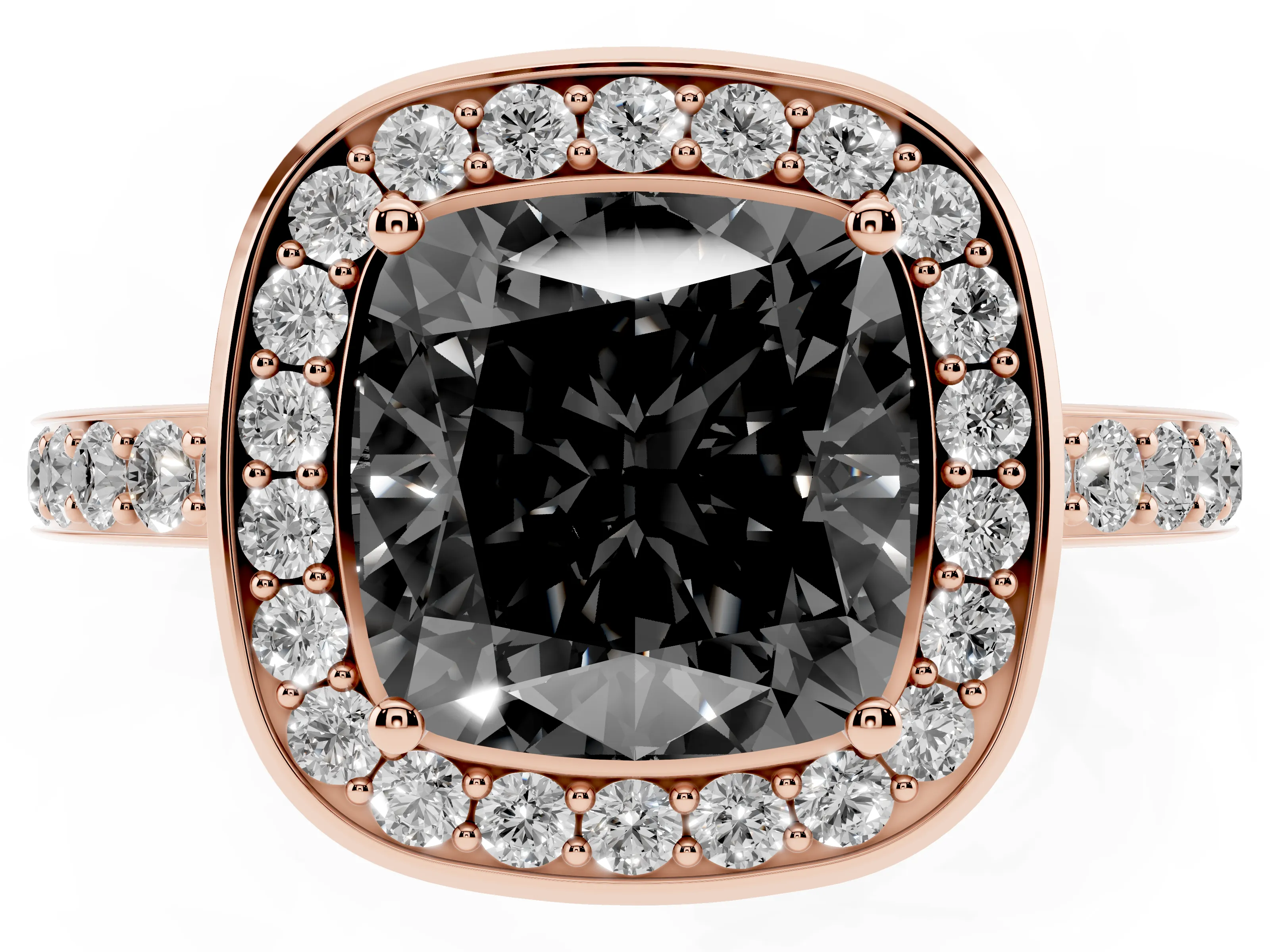 Fancy Black Cushion Cut Diamond Halo Ring Set in Rose gold with Bezel Frame and Pavé Band